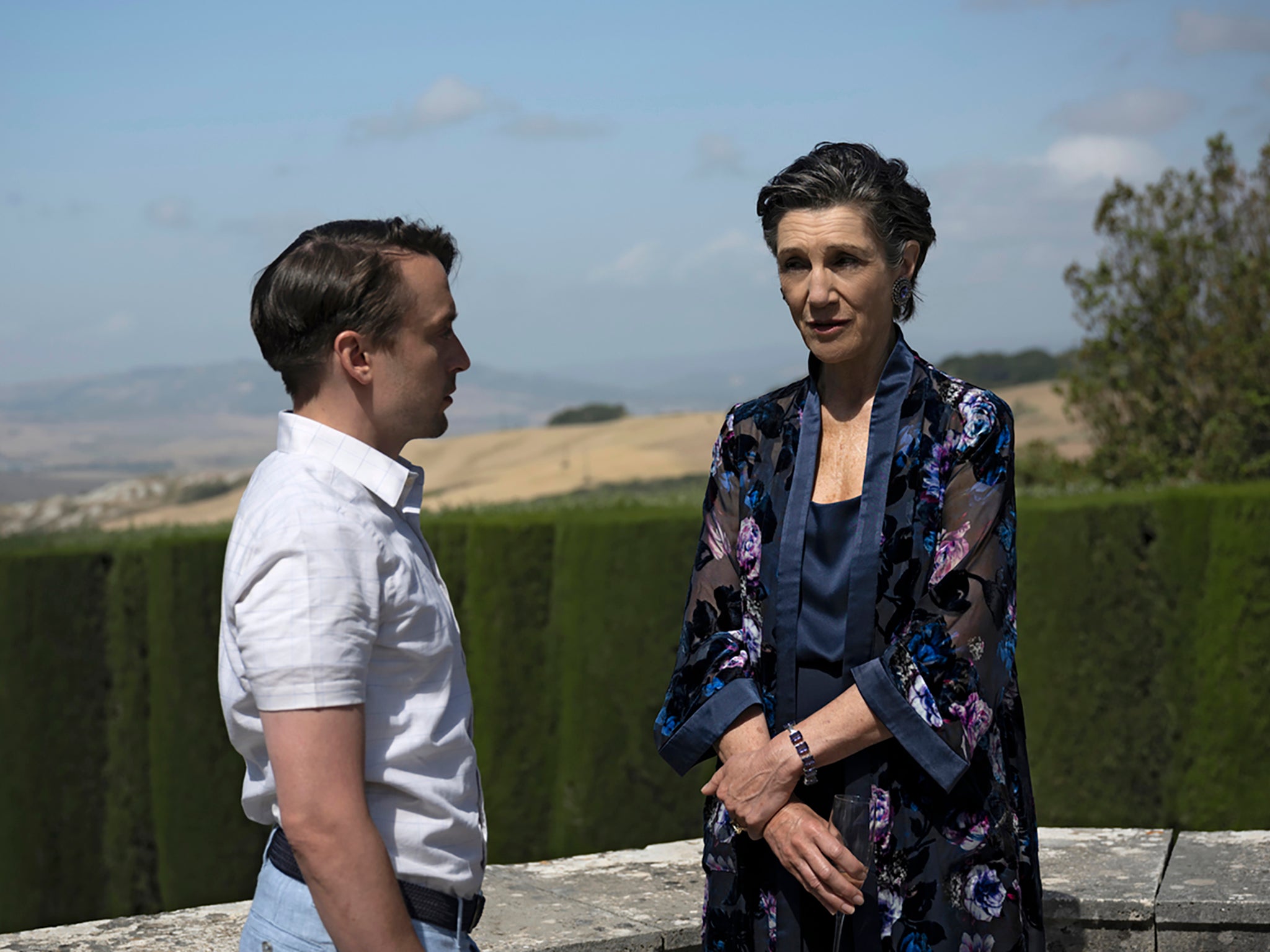 Harriet Walter as Caroline Collingwood with her onscreen son Roman (Kieran Culkin) in ‘Succession’