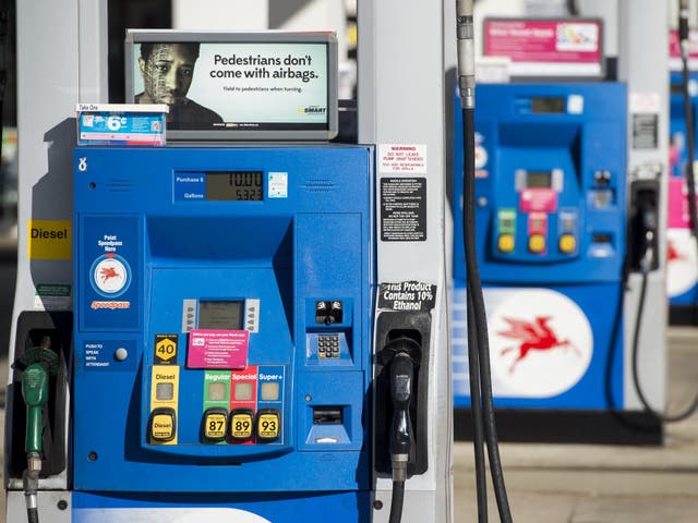 <p>Gas pumps at Mobil station in Woodbridge, Virginia</p>