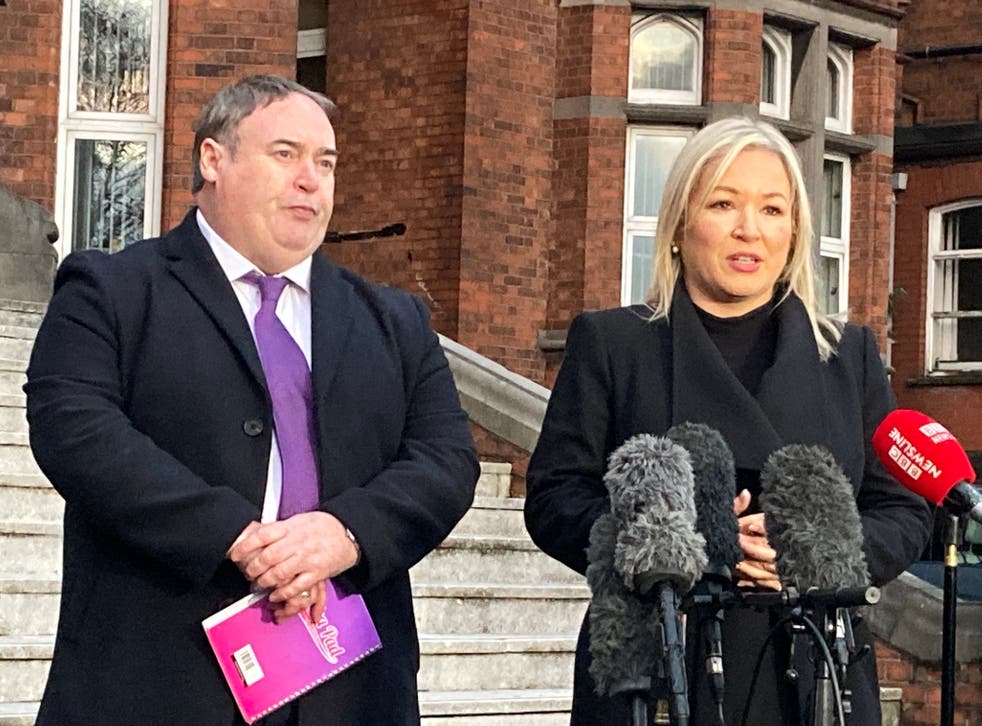 Deputy First Minister Michelle O’Neill, accompanied by chair of the Stormont Health Committee Colm Gildernew (Rebecca Black/PA)
