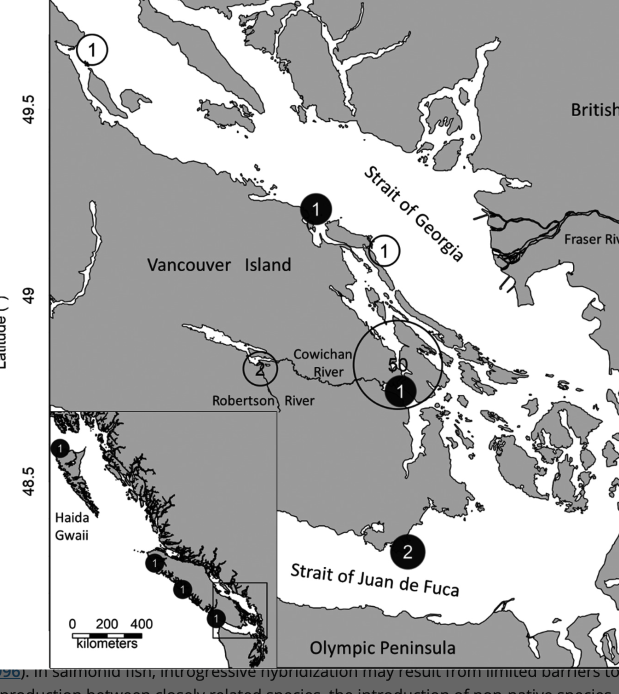 Locations of Chinook–Coho hybrid captures. Empty circles indicate juveniles and full circles, adults