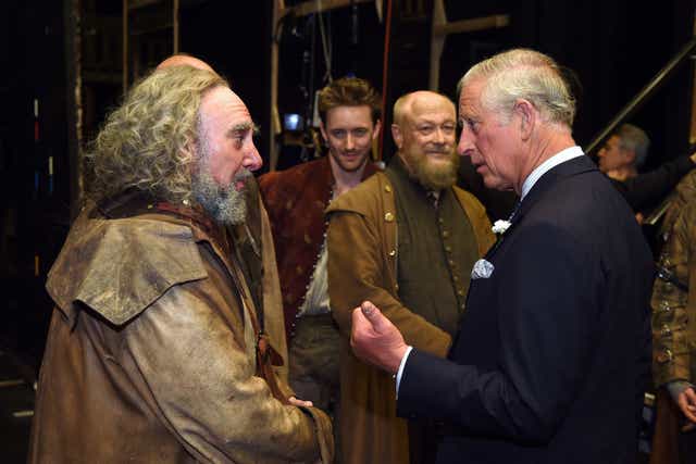 <p>The Prince of Wales meets his favourite actor Sir Antony Sher after he had played Sir John Falstaff in a performance of ‘Henry IV Part I’ at The Royal Shakespeare Theatre in Stratford-upon-Avon in 2014</p>
