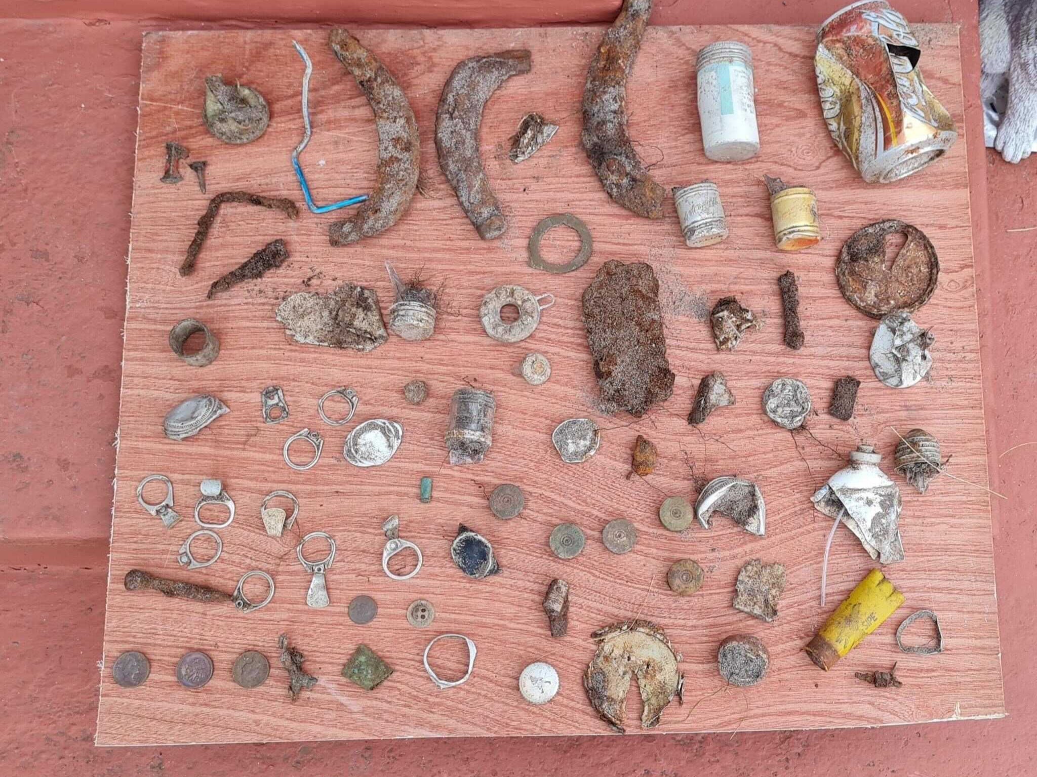 Ring pulls, buttons, coins and other metal bits found by Donald MacPhee in his search for Peggy’s ring