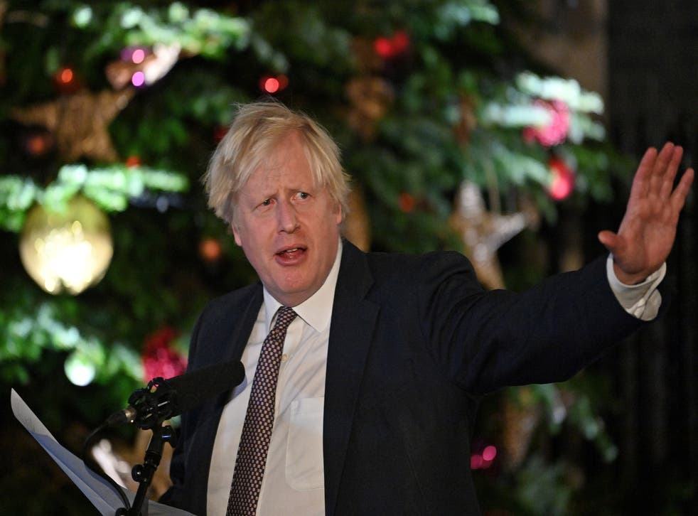 <p>Boris Johnson by the Christmas tree outside 10 Downing Street (Justin Tallis/PA)</p>