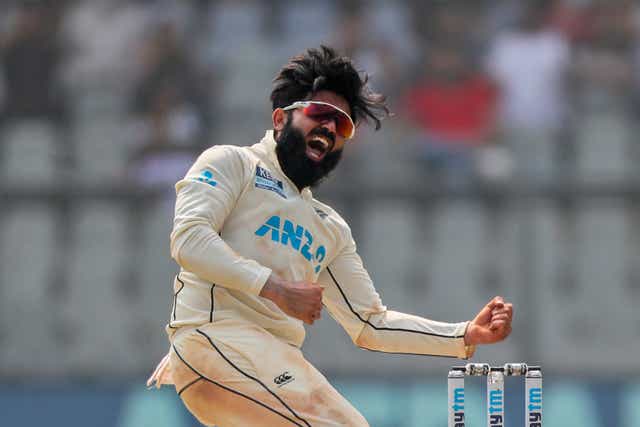 New Zealand’s Ajaz Patel claimed all 10 wickets against India (Rafiq Maqbool/AP)
