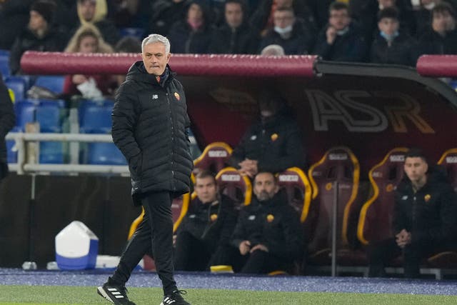 Roma head coach Jose Mourinho looks on during his side’s 3-0 Serie A defeat to former club Inter Milan (Andrew Medichini/AP)