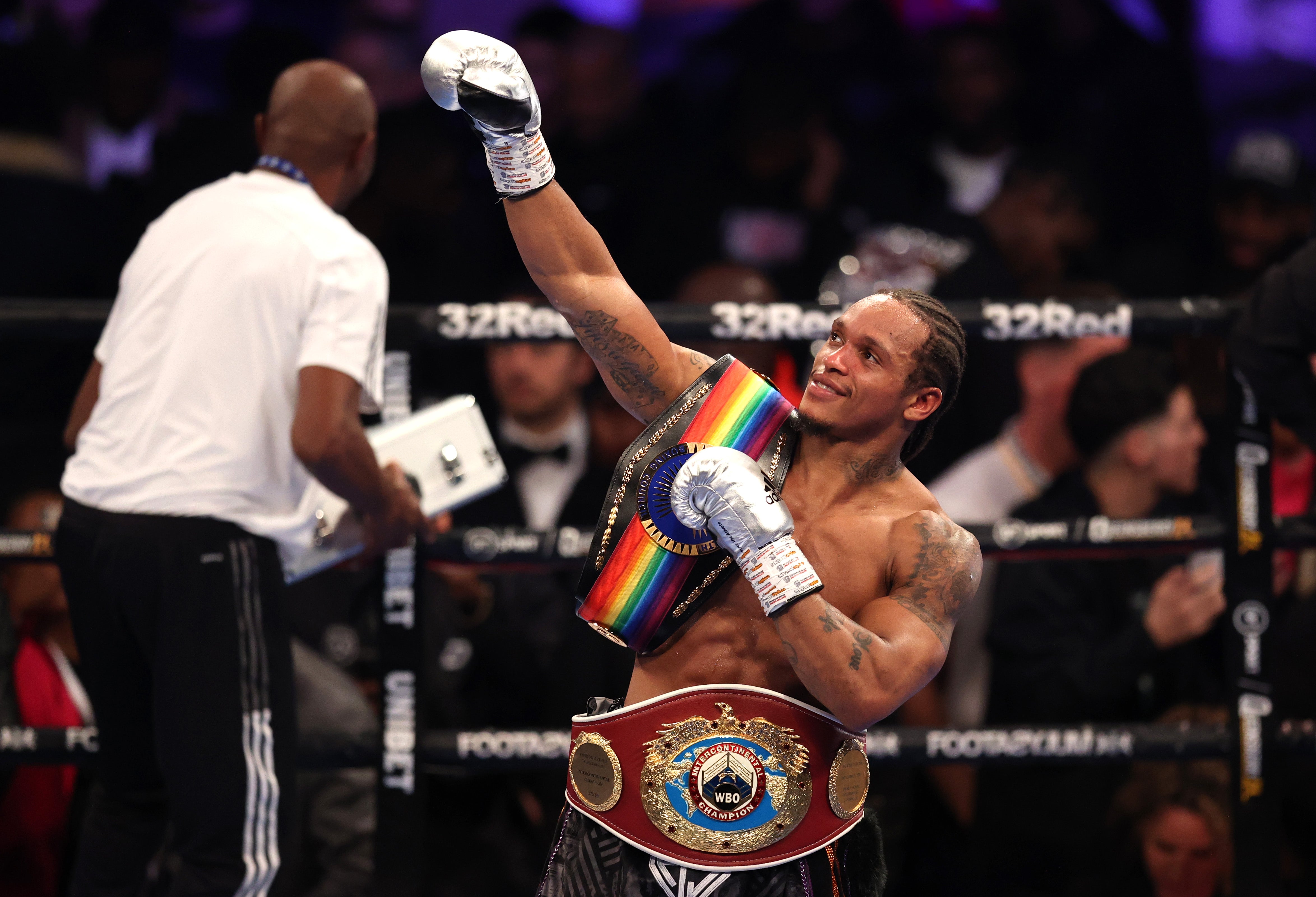 Anthony Yarde celebrates his fourth round victory over Lyndon Arthur at the Copper Box Arena on Saturday