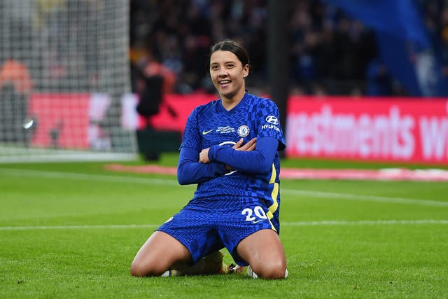 <p>Sam Kerr of Chelsea celebrates her second goal at Wembley on Sunday </p>