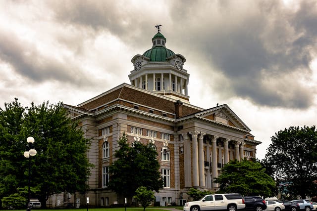 <p>The Giles County Courthouse where an all-white jury deliberated in a room adorned by Confederate symbols </p>