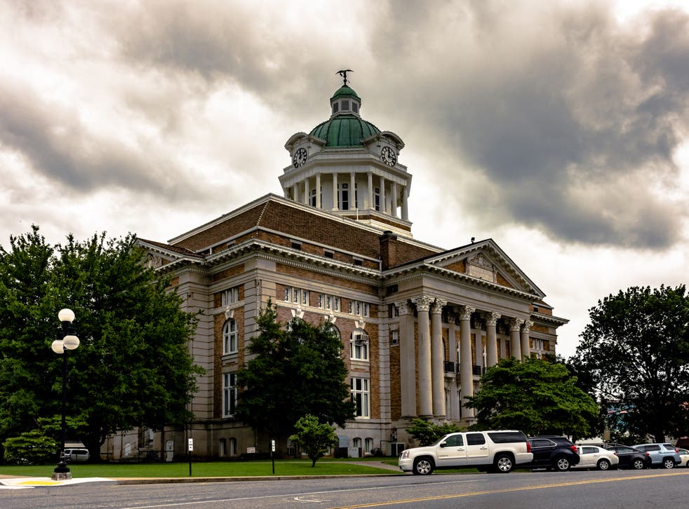 <p>The Giles County Courthouse where an all-white jury deliberated in a room adorned by Confederate symbols </p>