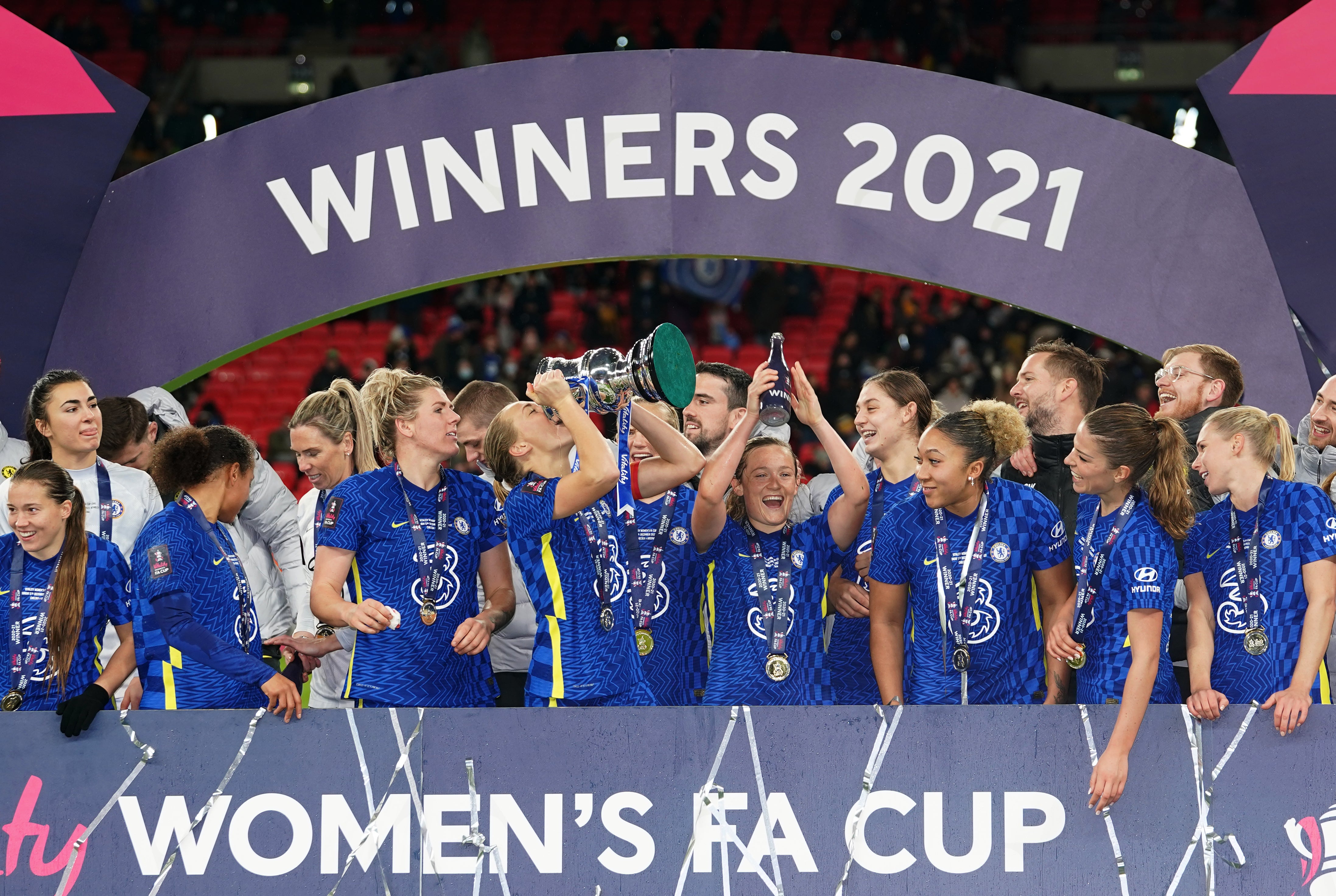 Chelsea players celebrate with the trophy after beating Arsenal 3-0 in the women’s FA Cup final at Wembley (John Walton/PA Images).