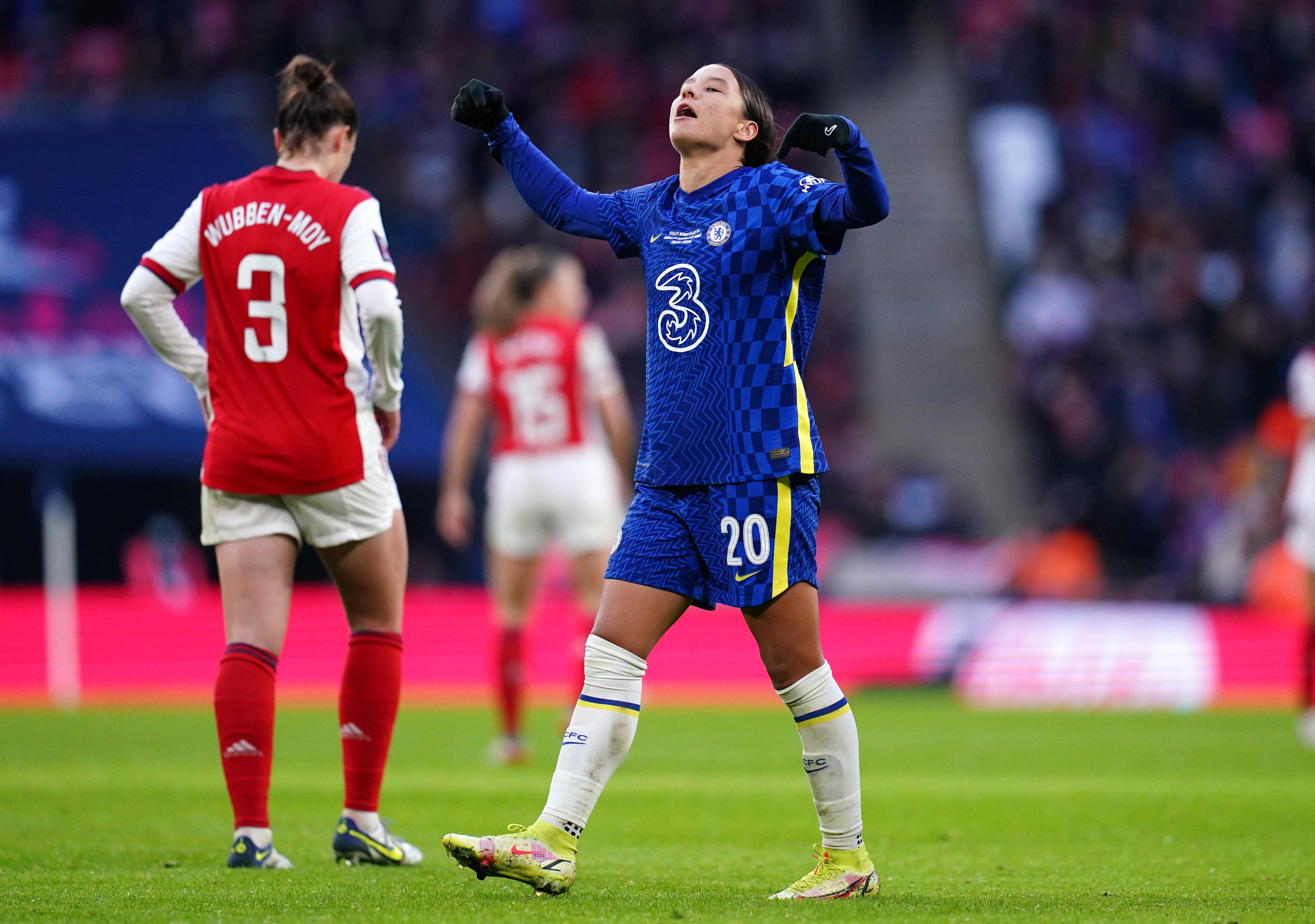 Sam Kerr celebrates the first of her two goals in Chelsea’s 3-0 women’s FA Cup final win over Arsenal (John Walton/PA Images).