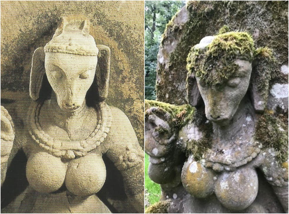 <p>Pictures of the recovered statue of a Hindu goat-headed goddess or yogini</p>