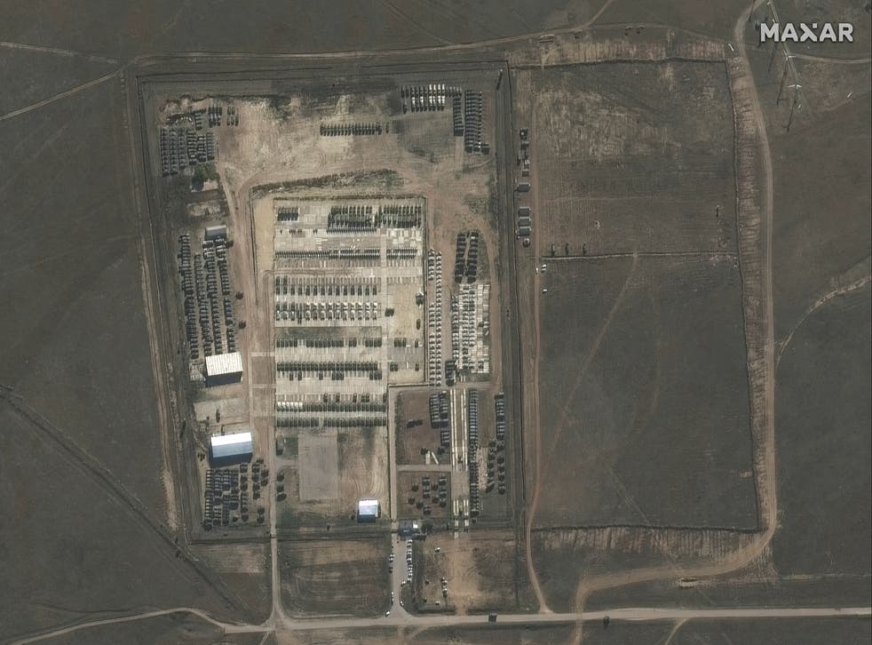 <p>A satellite image of Russian military deployments in Crimea, close to the border with Ukraine</p>