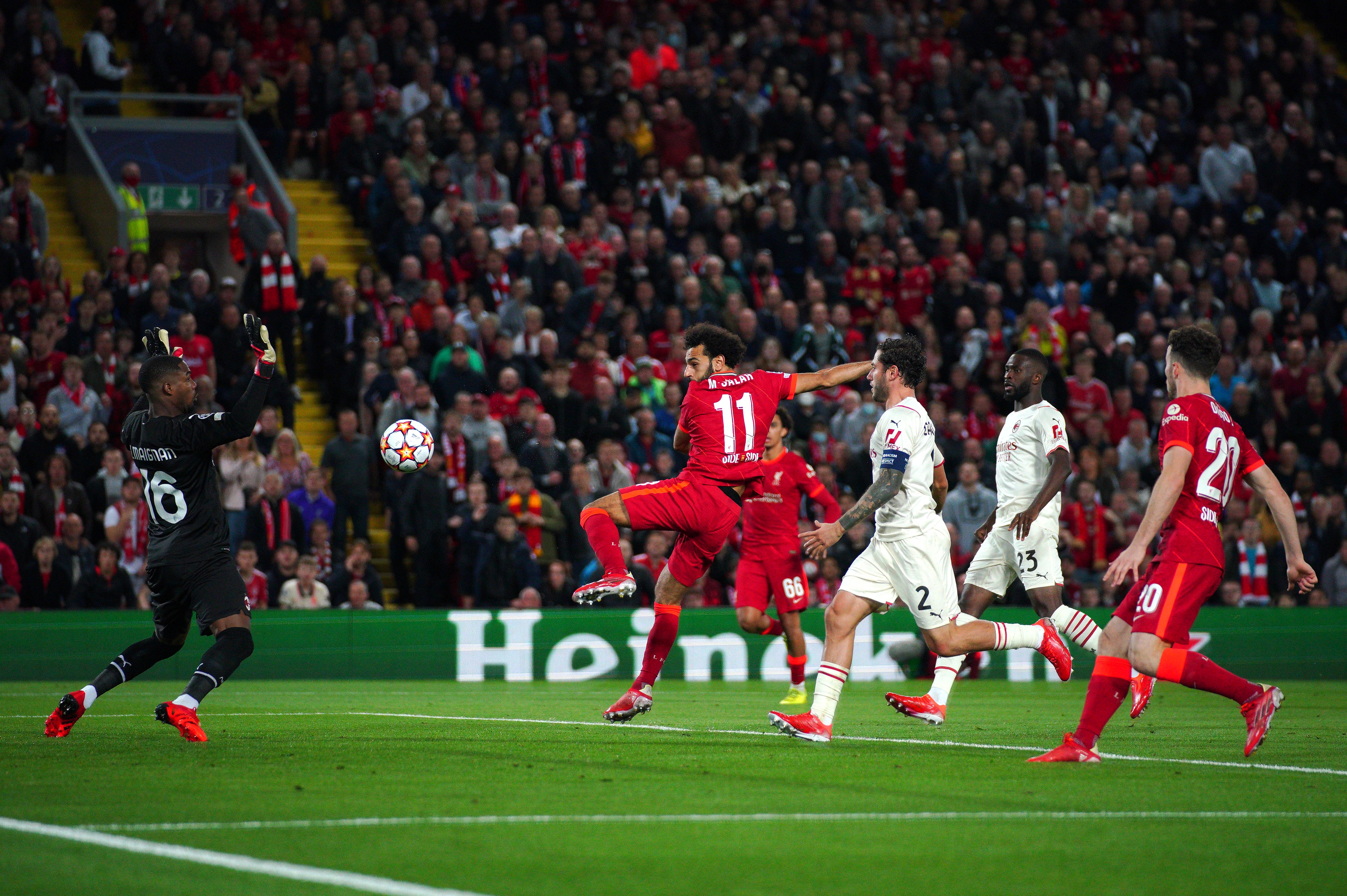 Mohamed Salah (centre) scores during Liverpool’s 3-2 Champions League victory over AC Milan in September (Peter Byrne/PA)