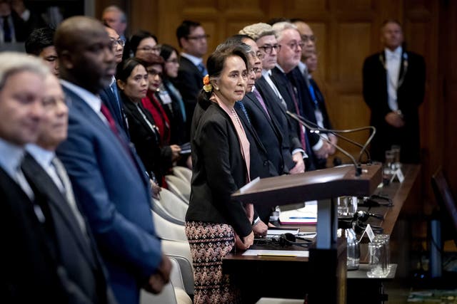 <p>Aung San Suu Kyi appears before the International Court of Justice at The Hague in 2019</p>