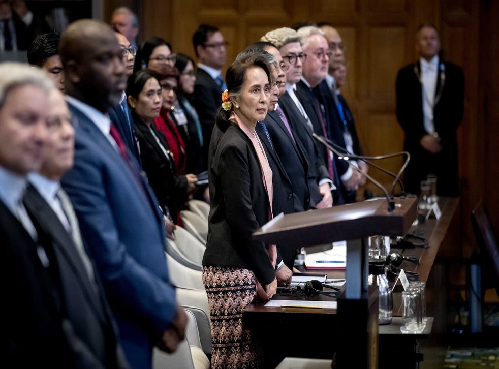 <p>Aung San Suu Kyi appears before the International Court of Justice at The Hague in 2019</p>