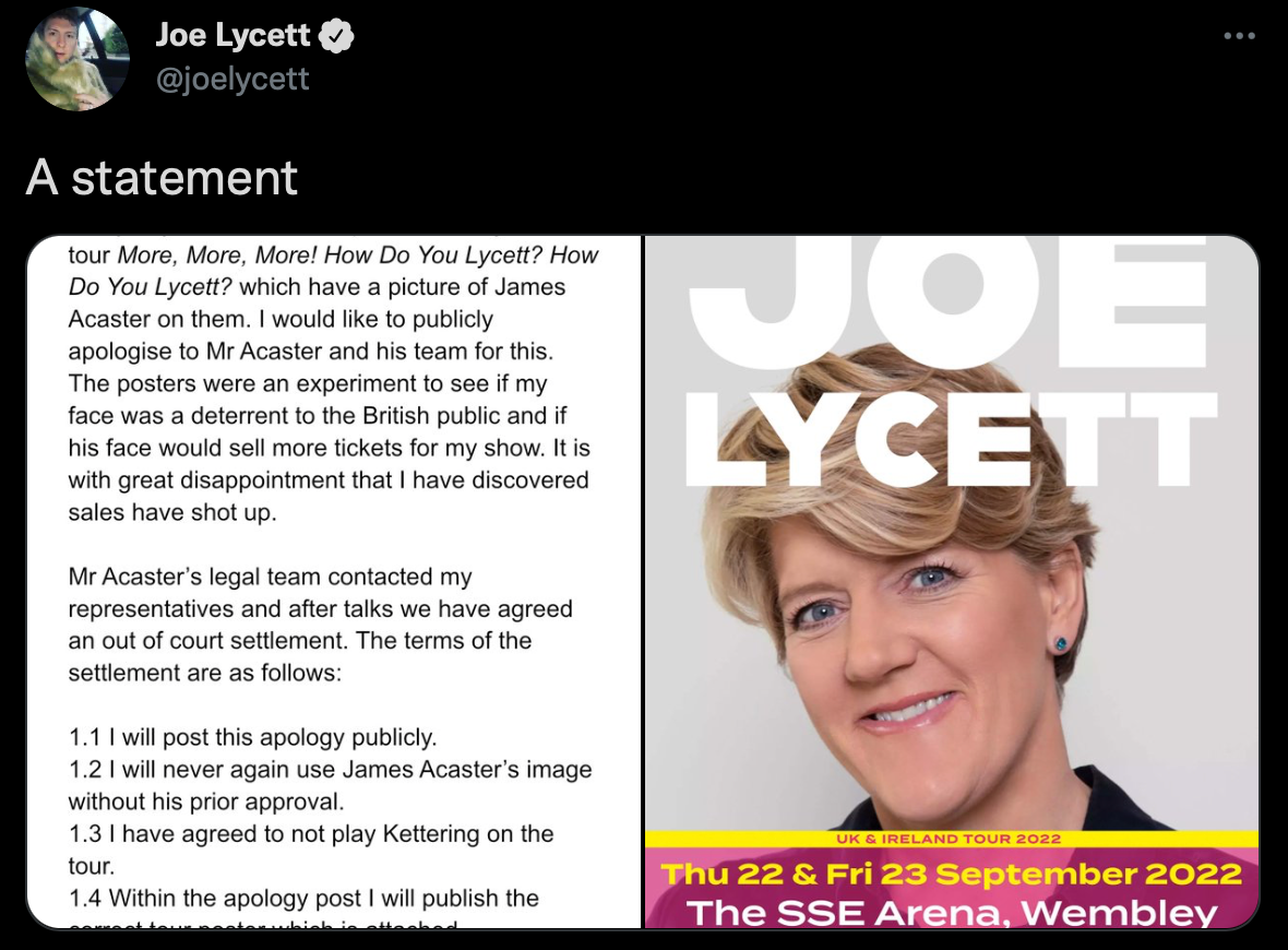 Joel Lycett addressed the use of James Acaster’s face on his comedy tour poster