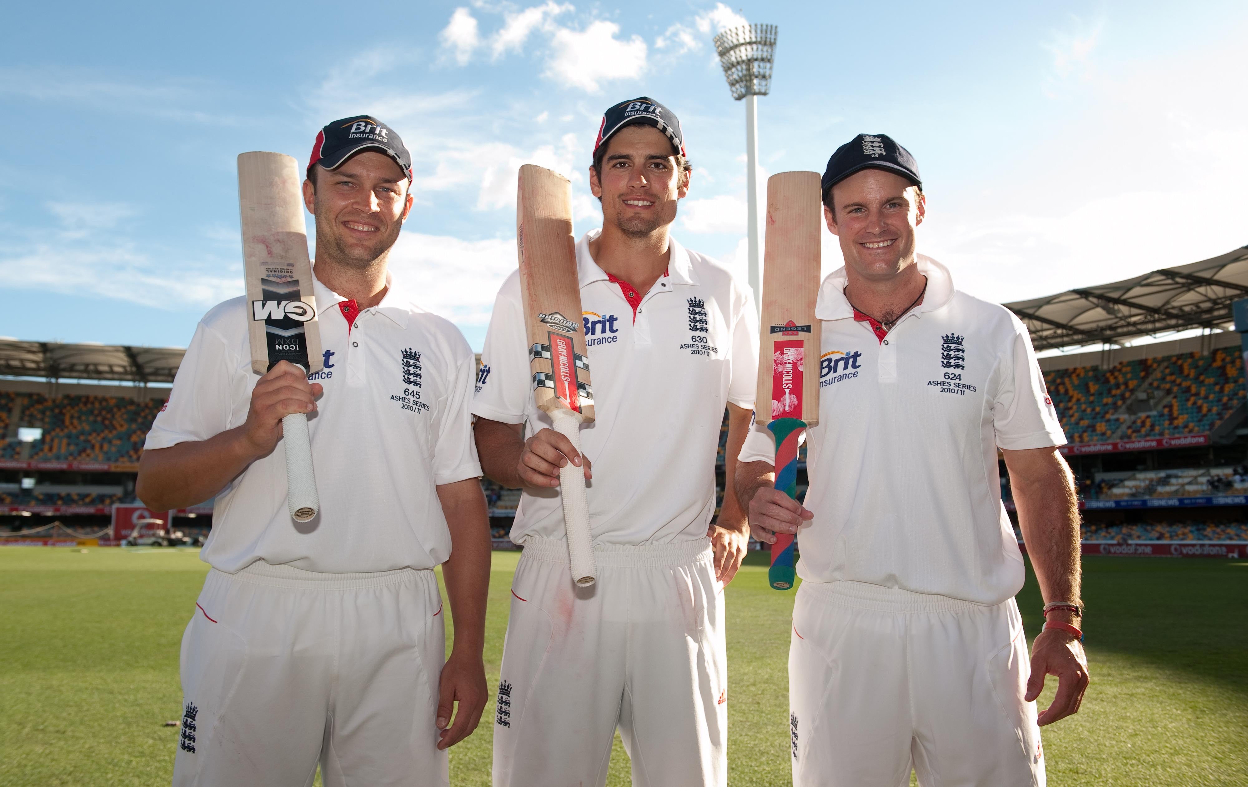 Alastair Cook, centre, Jonathan Trott, left, and Andrew Strauss batted England to a draw to set up their 2010-11 series win (Gareth Copley/PA)