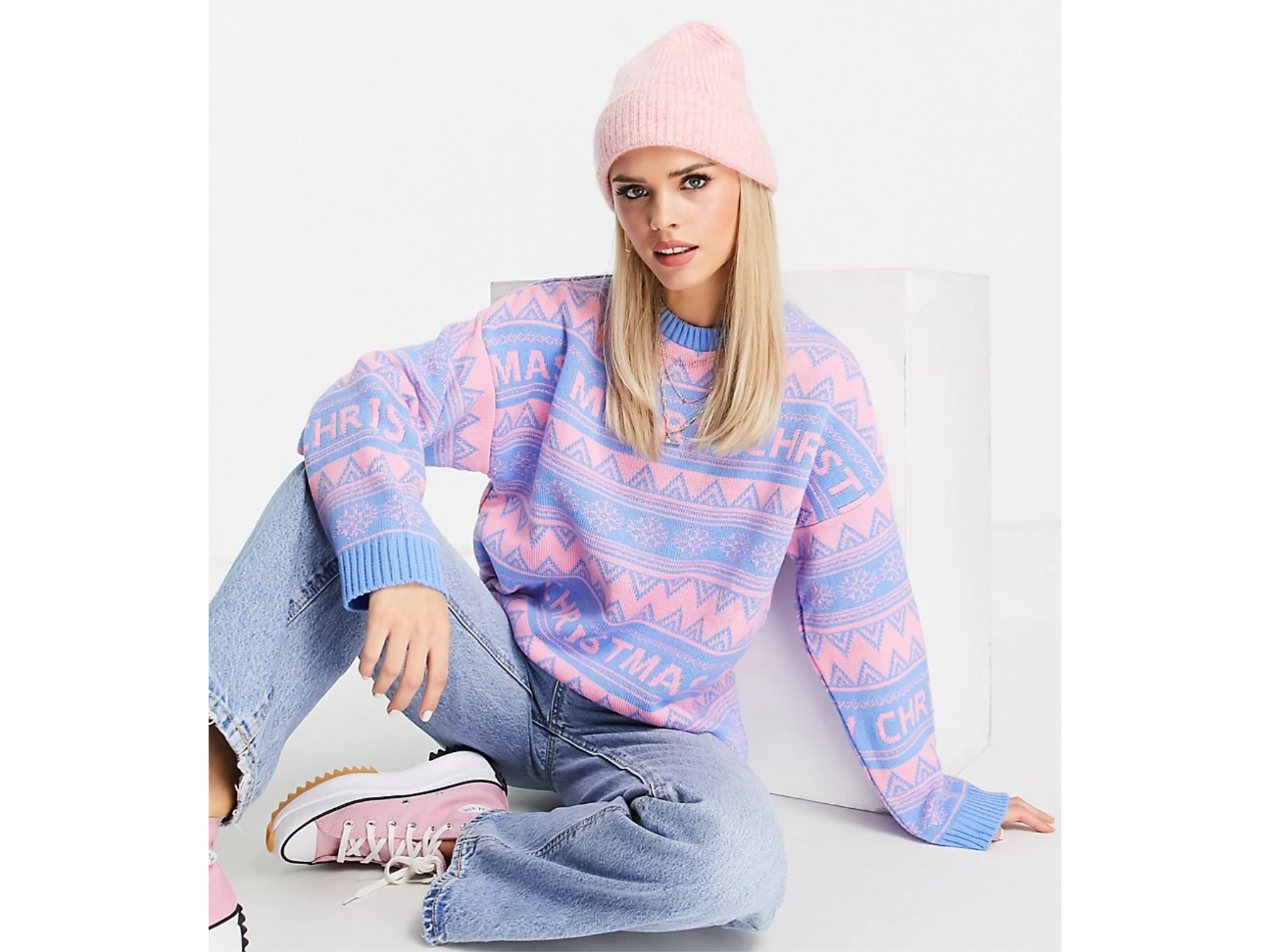 asos design knitted oversized jumper with hand drawn face design