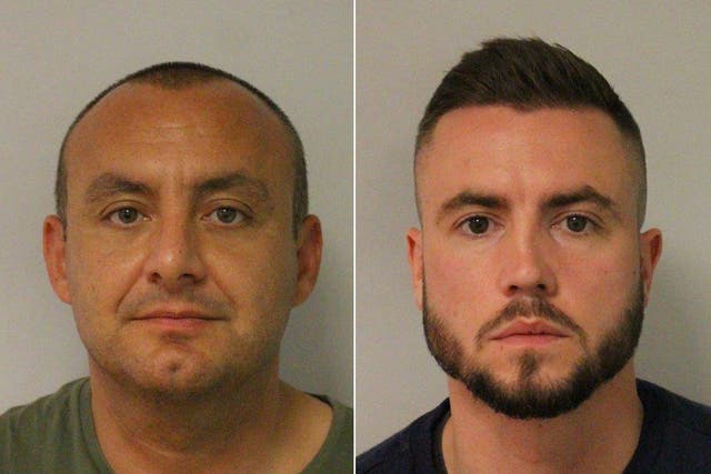 <p>Deniz Jaffer (left) boasted about speaking ‘off the record’ to three men accused of a racist assault, just days after he and Jamie Lewis (right) took photos of two murdered sisters in Wembley </p>