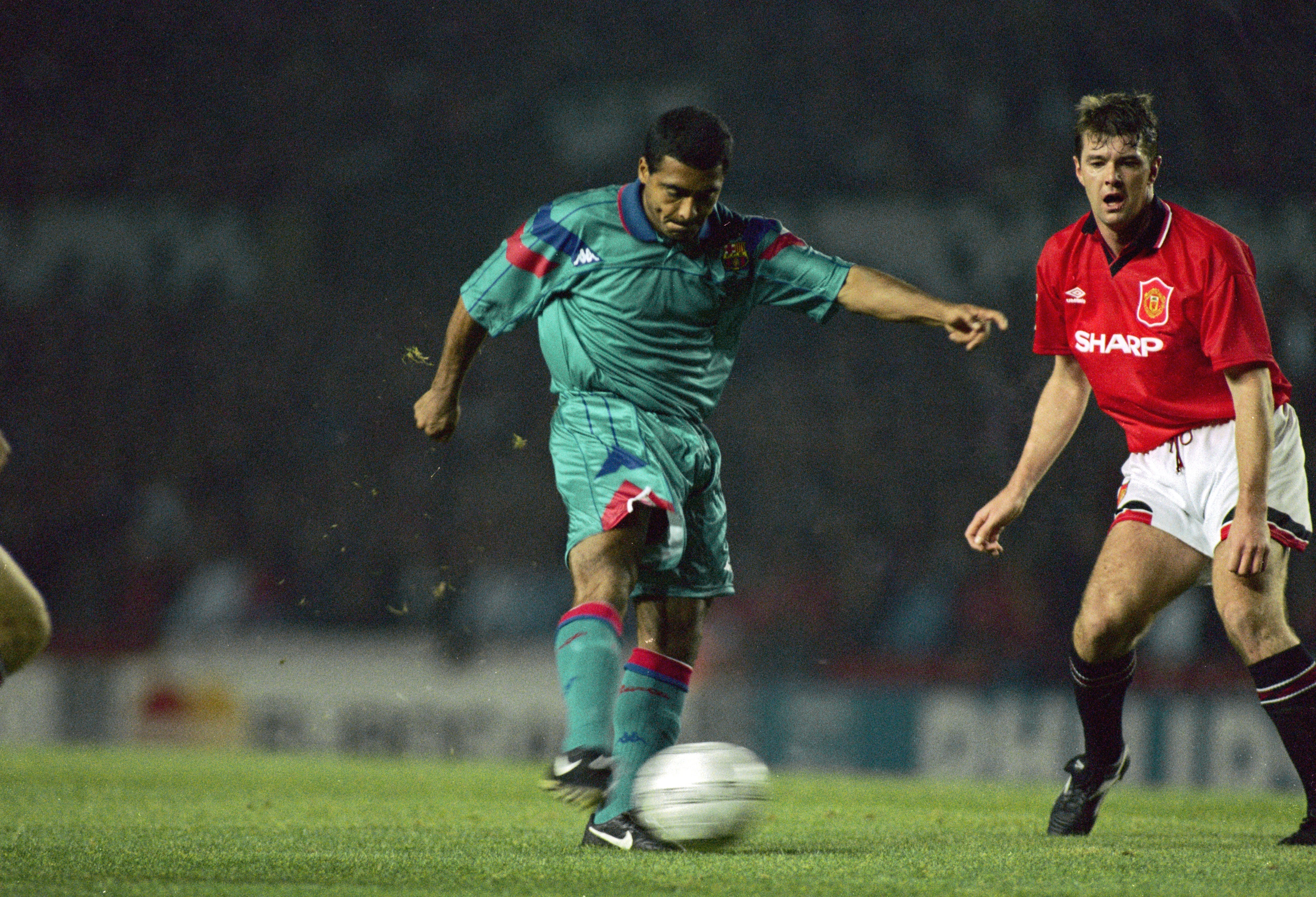 Romario in action for Barcelona against Manchester United at Old Trafford in 1994