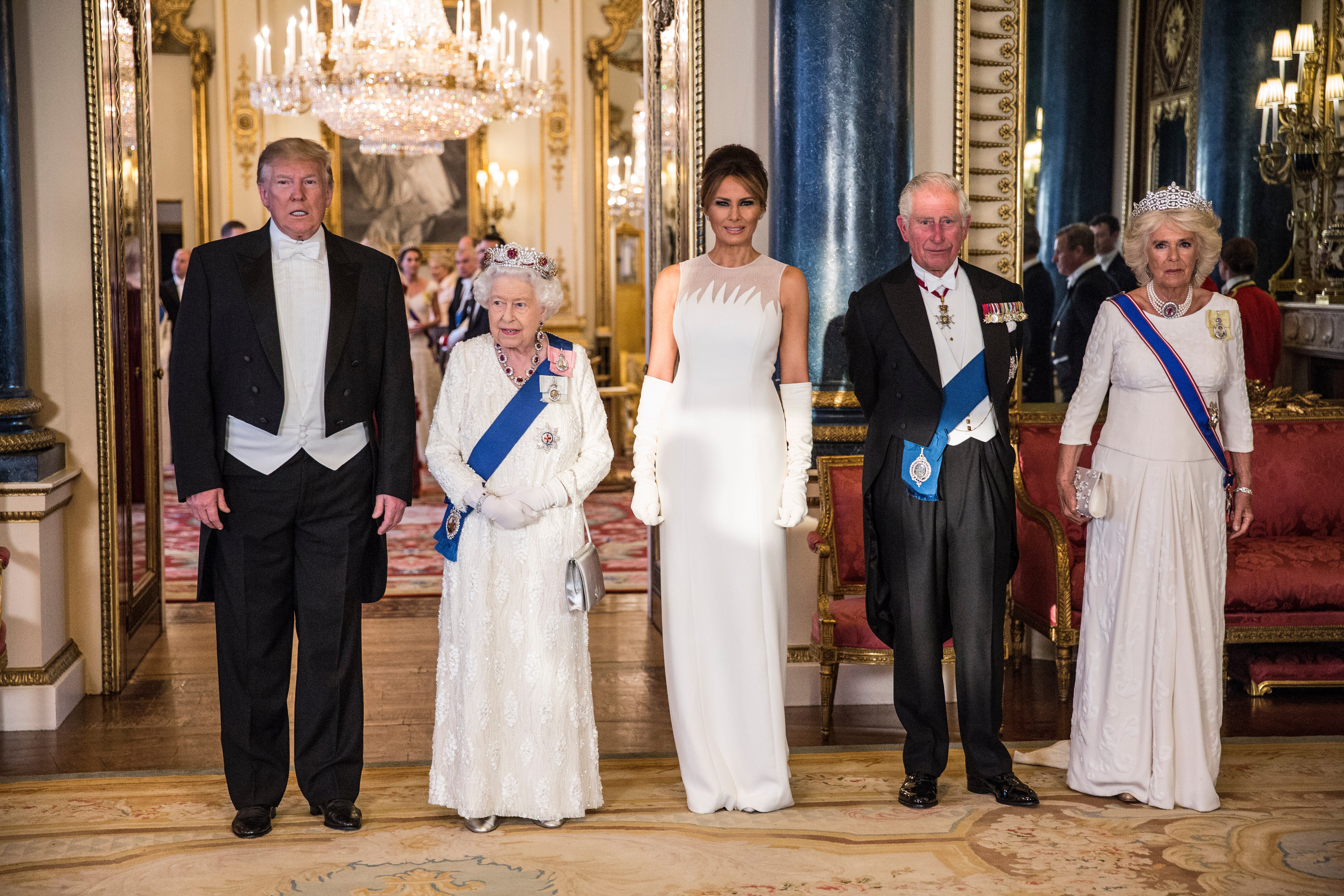 Donald Trump, Melania Trump, and members of the royal family.