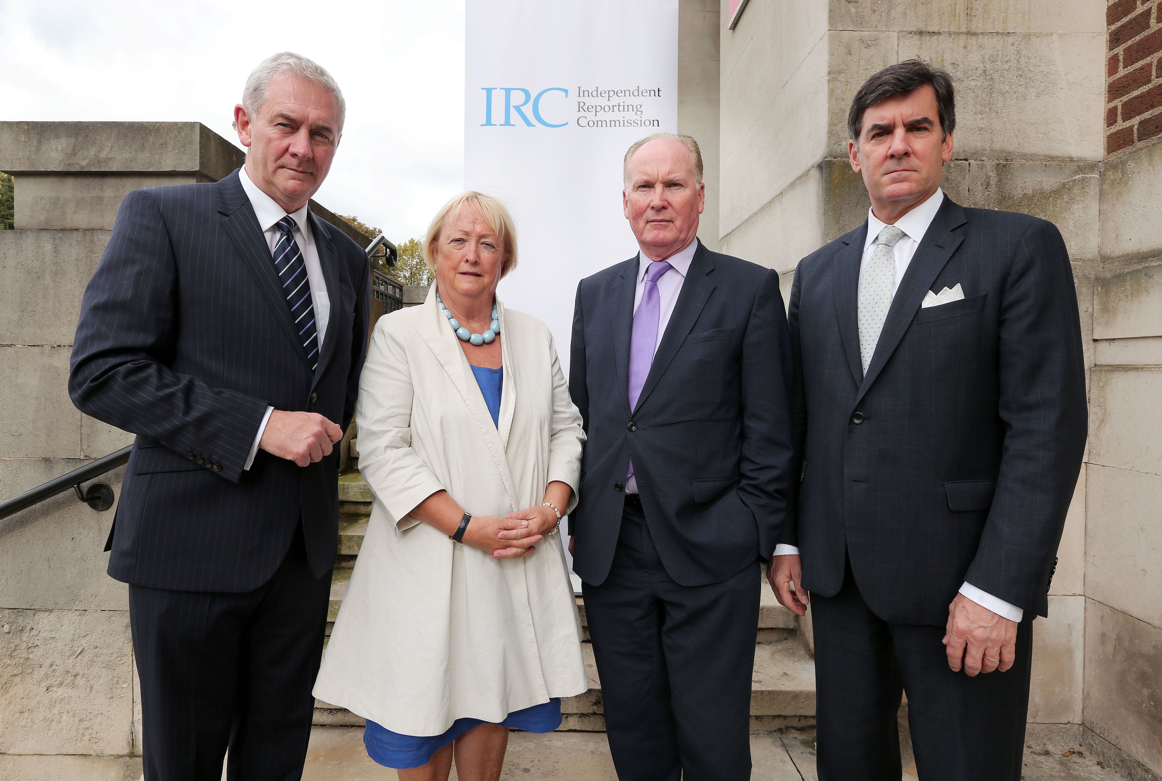 John McBurney, Monica McWilliams, Tim O’Connor and Mitchell Reiss attend the launch of the Independent Reporting Commission in Belfast (Press Eye/PA)