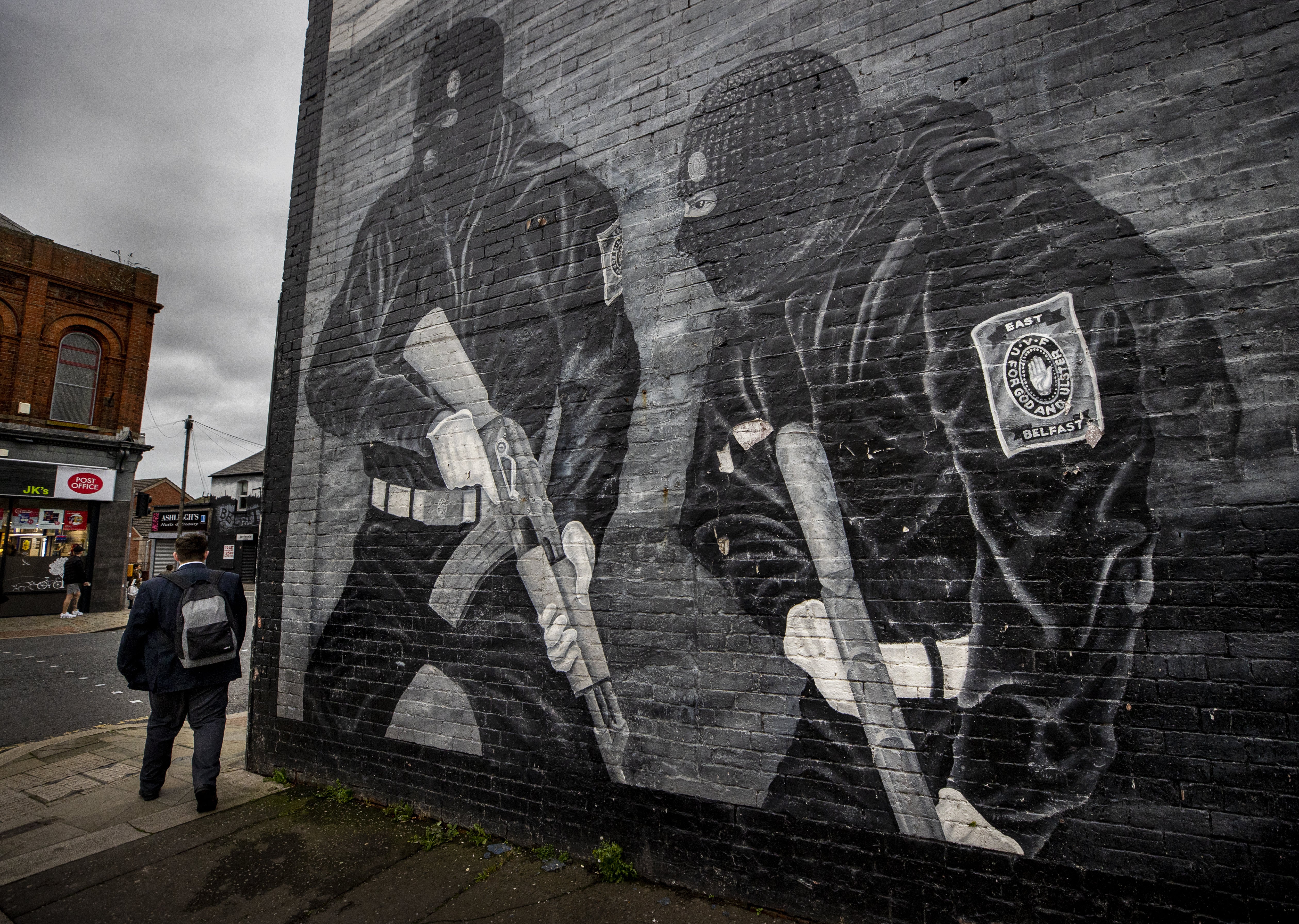 An Ulster Volunteer Force mural in support of the loyalist paramilitary group is seen on the wall of a property on the Lower Newtownards Road in east Belfast (Liam McBurney/PA)