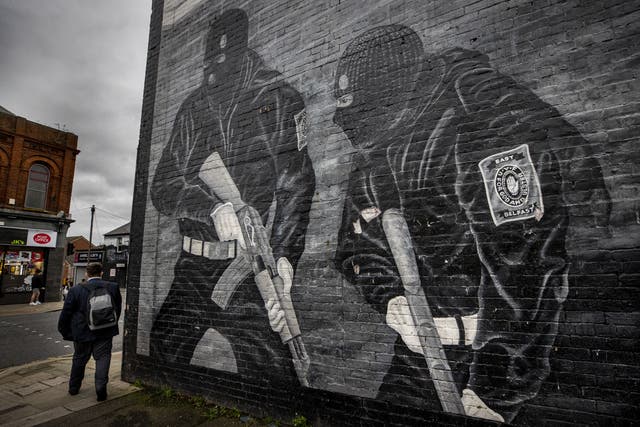 An Ulster Volunteer Force mural in support of the loyalist paramilitary group is seen on the wall of a property on the Lower Newtownards Road in east Belfast (Liam McBurney/PA)