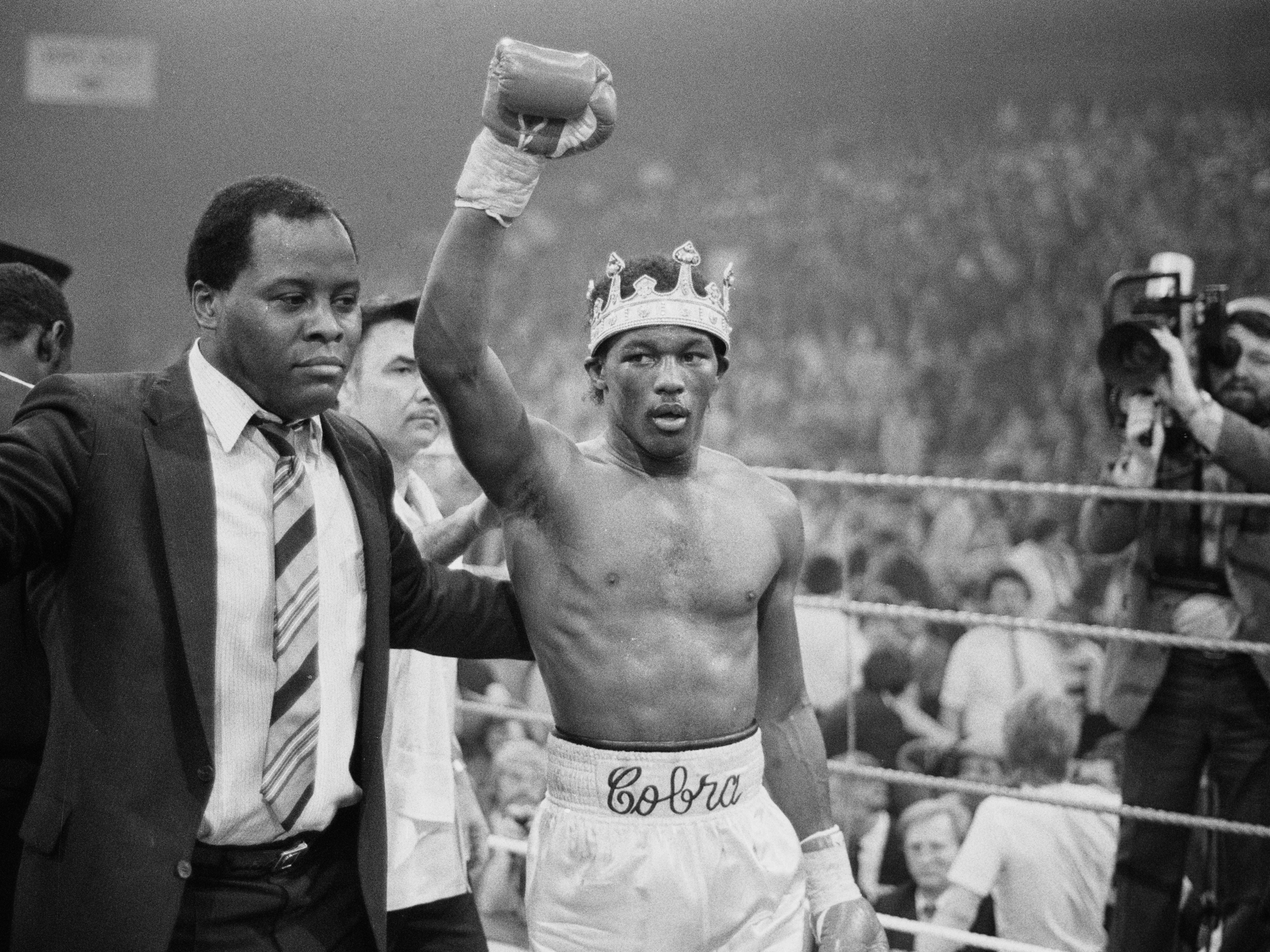 Donald Curry celebrates after defeating Colin Jones in Birmingham in 1985