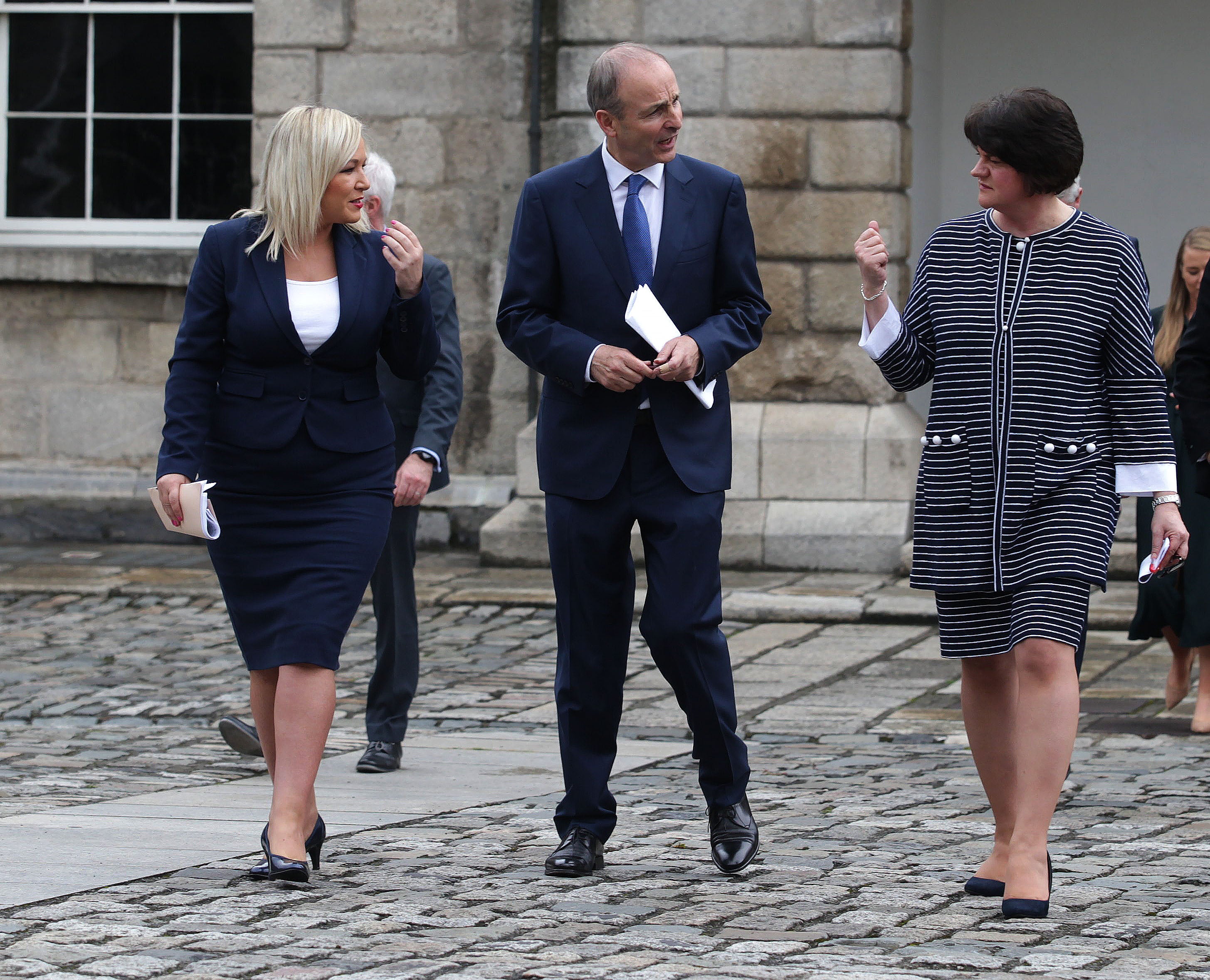 (left to right) Deputy First Minister Michelle O’Neill, Taoiseach Micheal Martin and former First Minister Arlene Foster attend a North South Ministerial Council (NSMC) meeting in Dublin in 2020 (Damien Eagers/PA)