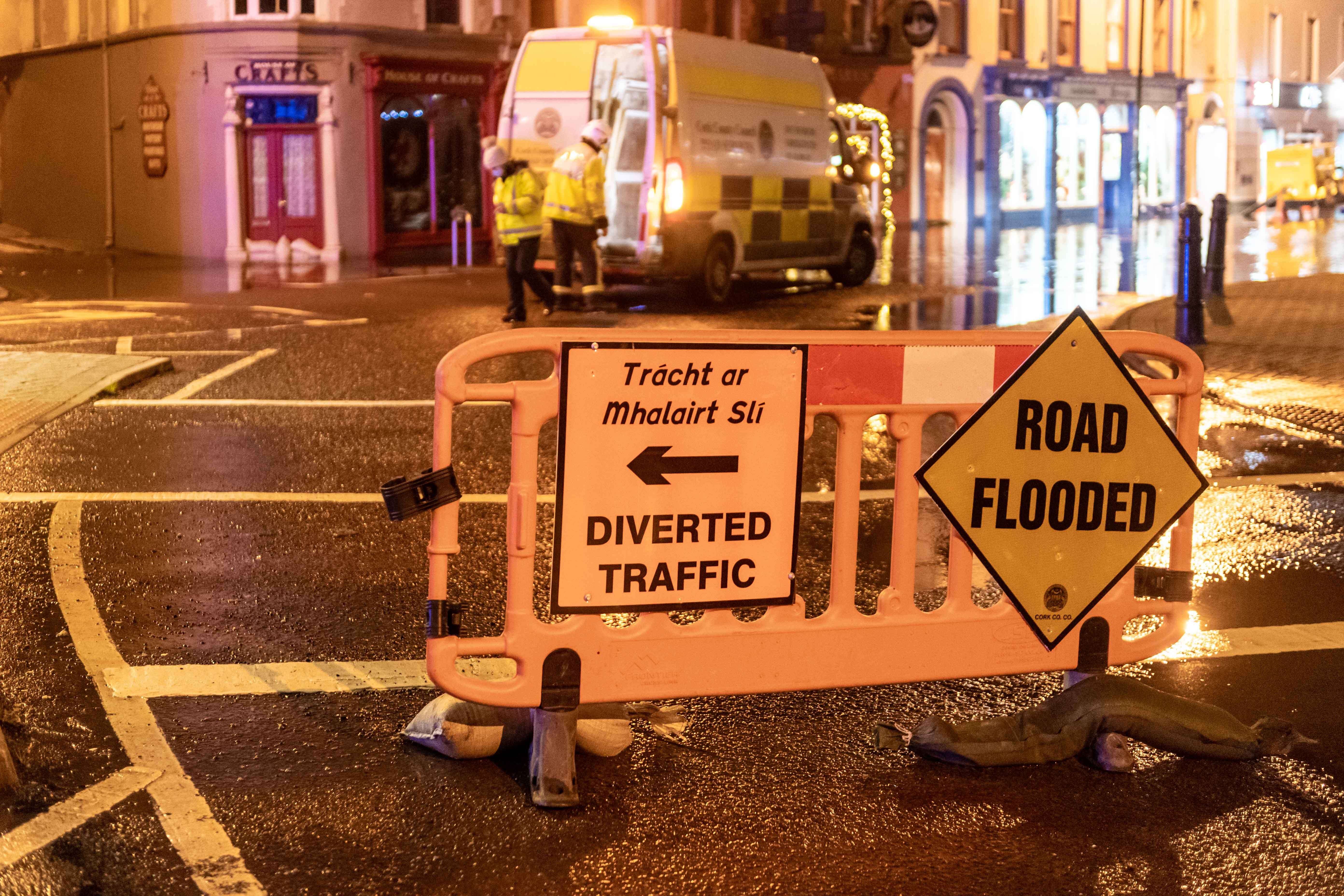 Diversion signs in the town of Bantry in County Cork which flooded after Storm Barra hit the UK and Ireland with disruptive winds, heavy rain and snow (PA)