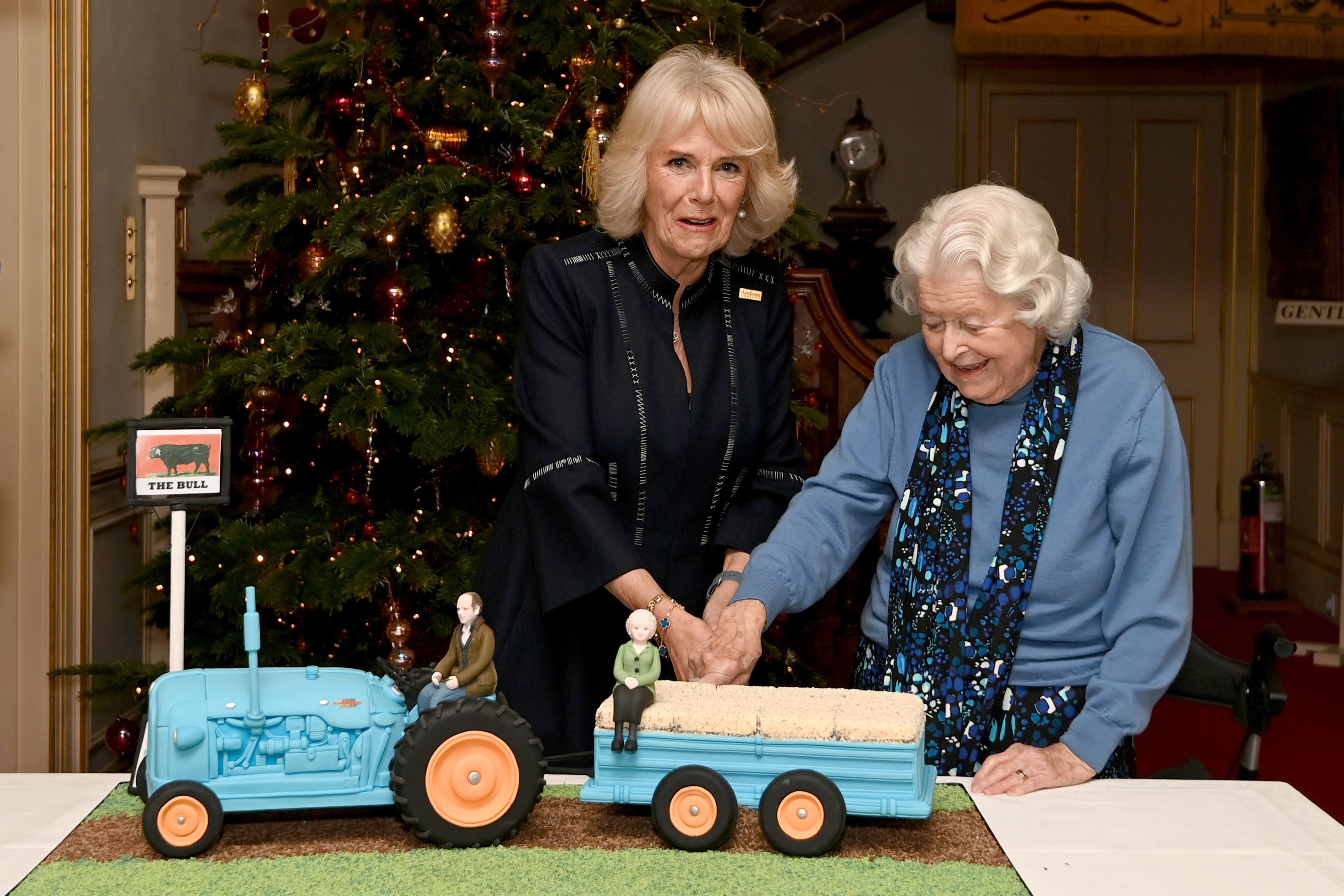 Duchess of Cornwall and actress June Spencer cut an Archers themed cake during a reception to celebrate the 70th anniversary of The Archers (Kate Green/PA)