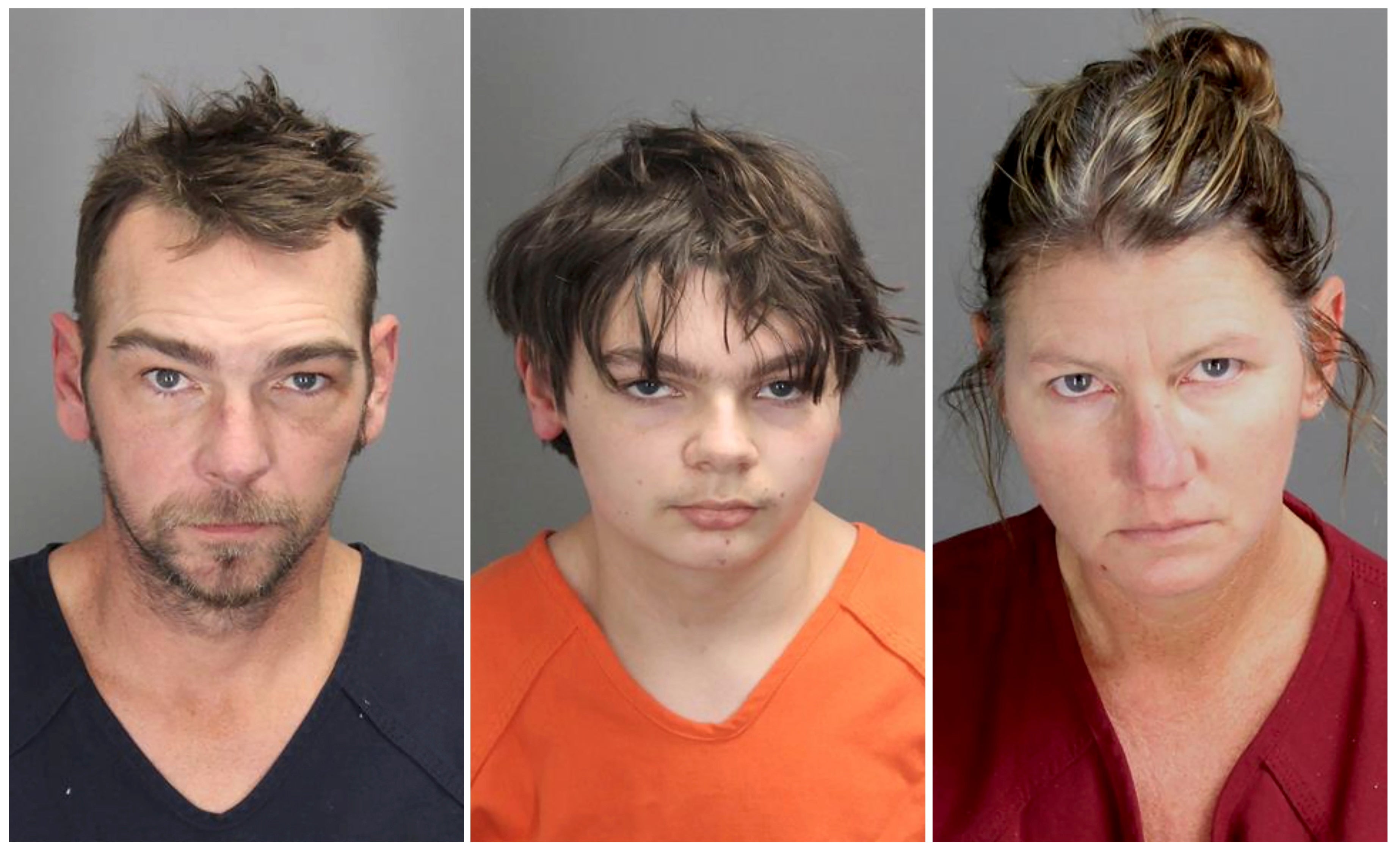James, Ethan and Jennifer Crumbley (left to right) in their booking photos following their arrests in connection to the mass shooting