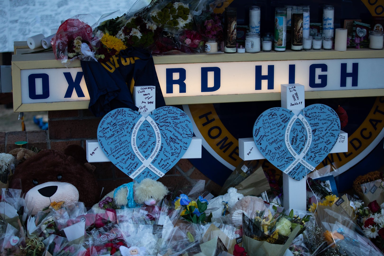 A memorial outside Oxford High School in Michigan which was the site of a mass shooting on 30 November