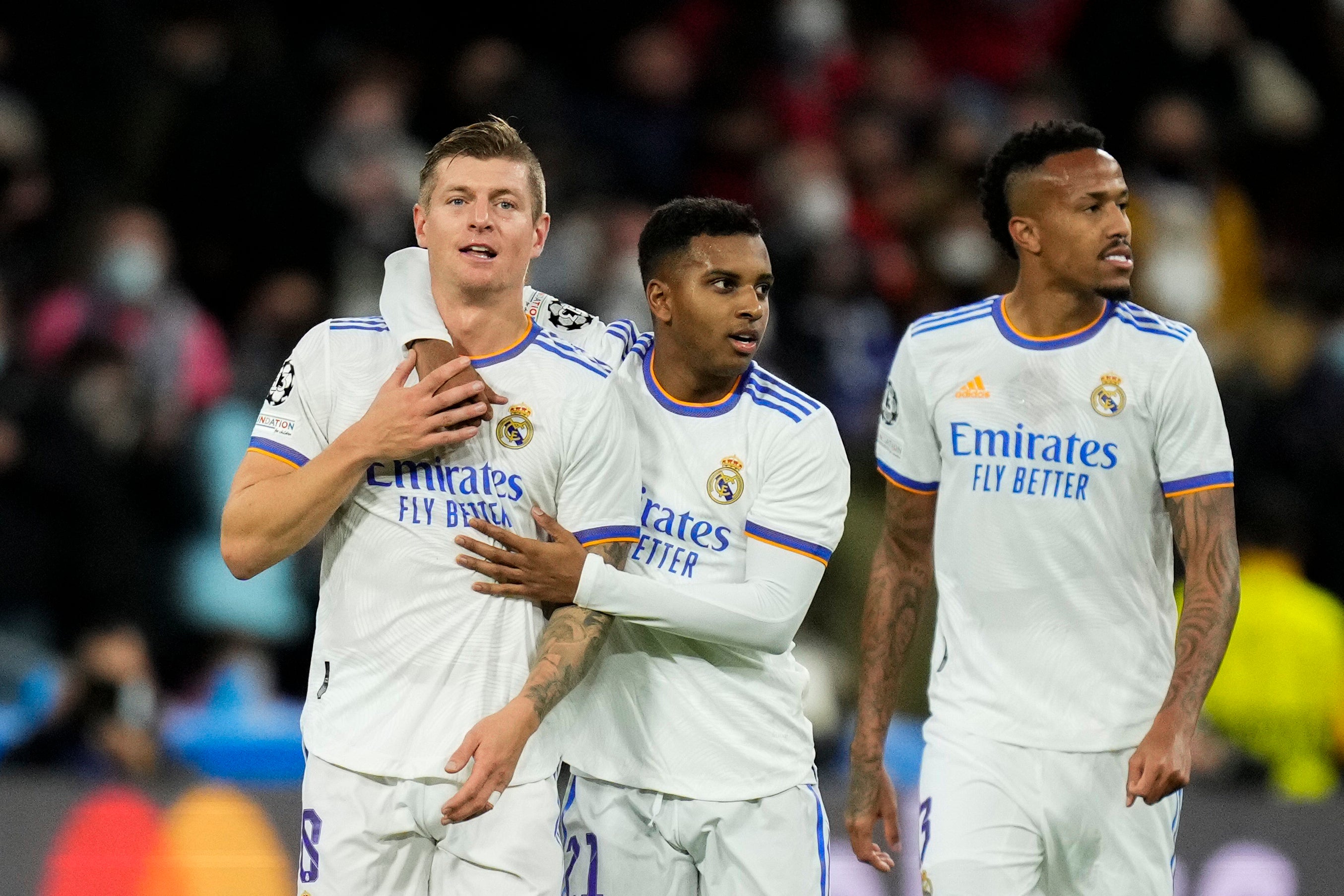 Toni Kroos (left) celebrates with his Real Madrid team mates after opening the scoring in a decisive match in Group D (Bernat Armangue/AP/Press Association Images)