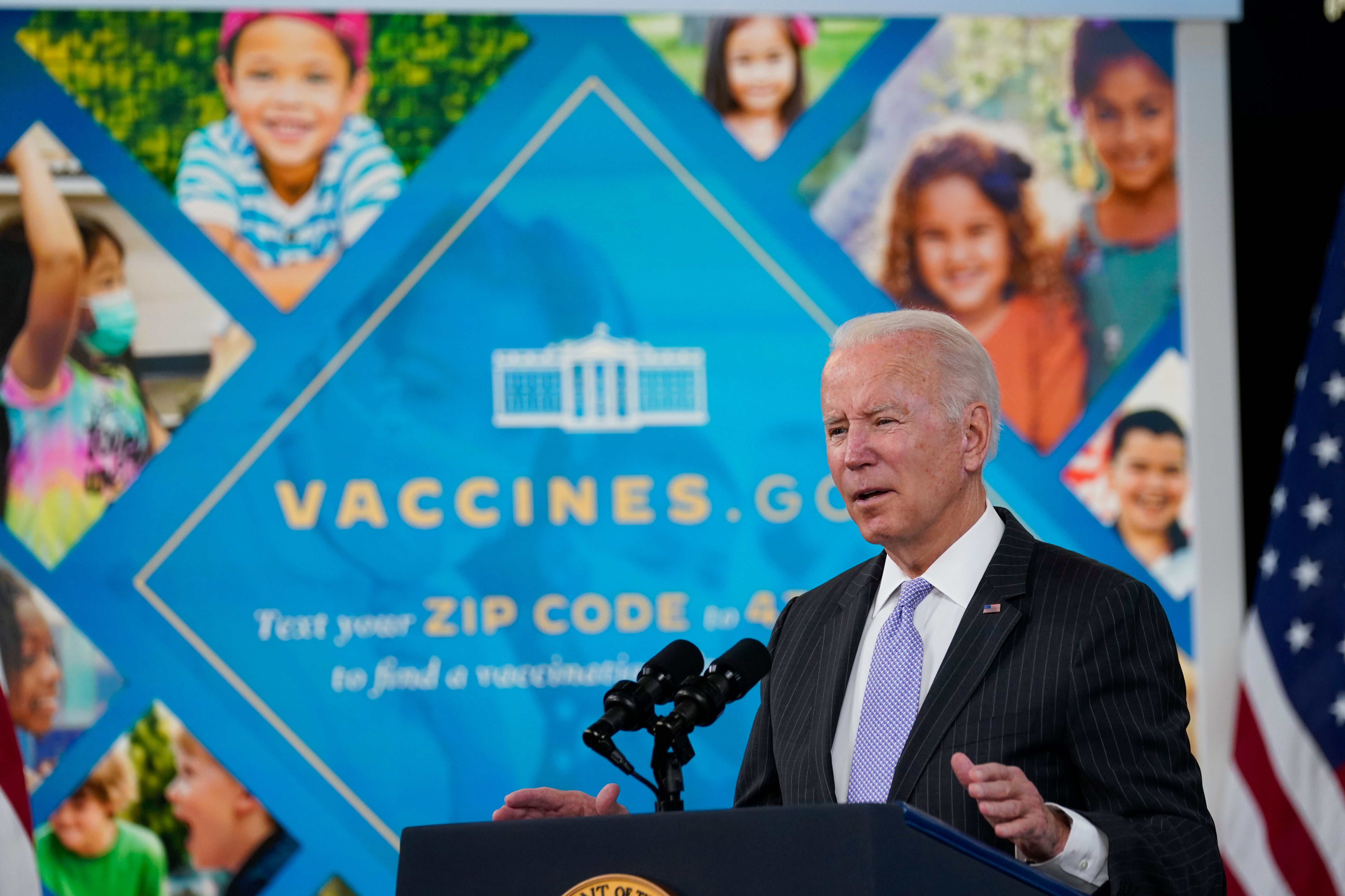 File: Joe Biden talks about the newly approved Covid vaccine for children ages 5-11 from the South Court Auditorium on the White House complex in Washington on 3 November 2021