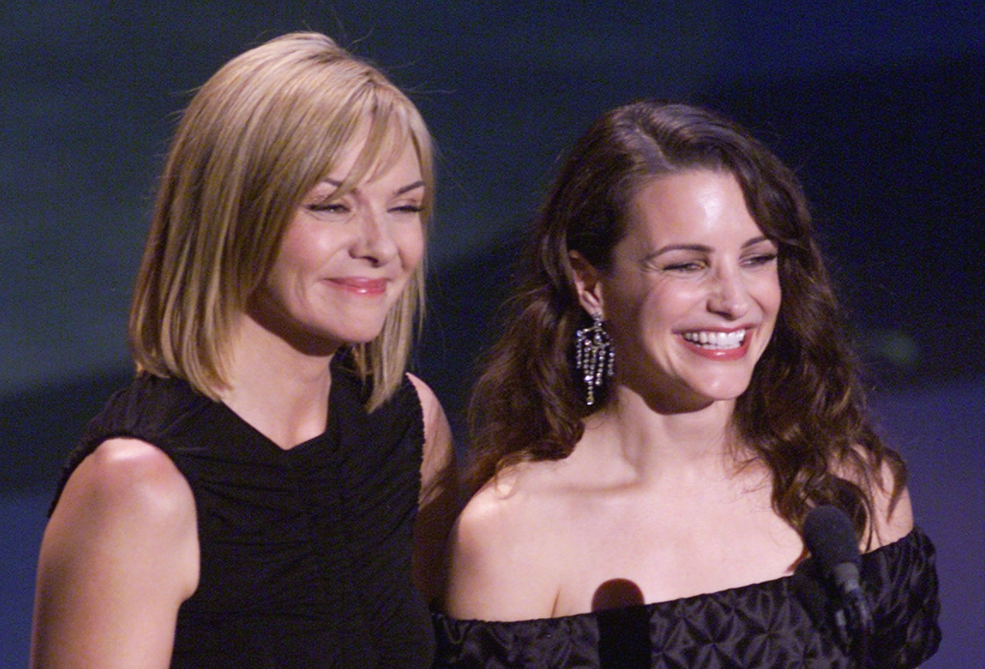 <p>Kim Cattrall and Kristin Davis at the 53rd Annual Prime-Time Emmy Awards</p>
