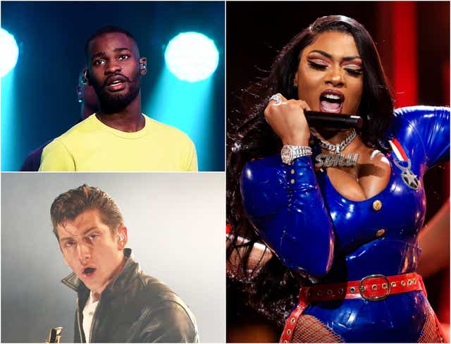 <p>Top left clockwise: Rappers Dave and Megan Thee Stallion, and Alex Turner of Arctic Monkeys</p>