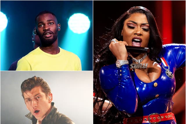 <p>Top left clockwise: Rappers Dave and Megan Thee Stallion, and Alex Turner of Arctic Monkeys</p>