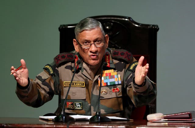 <p>Indian army chief Bipin Rawat speaks during a 2018 press conference in Delhi</p>