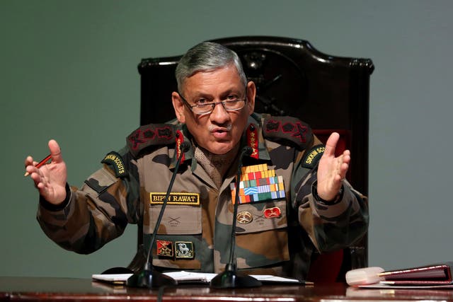 <p>Indian army chief Bipin Rawat speaks during a 2018 press conference in Delhi</p>