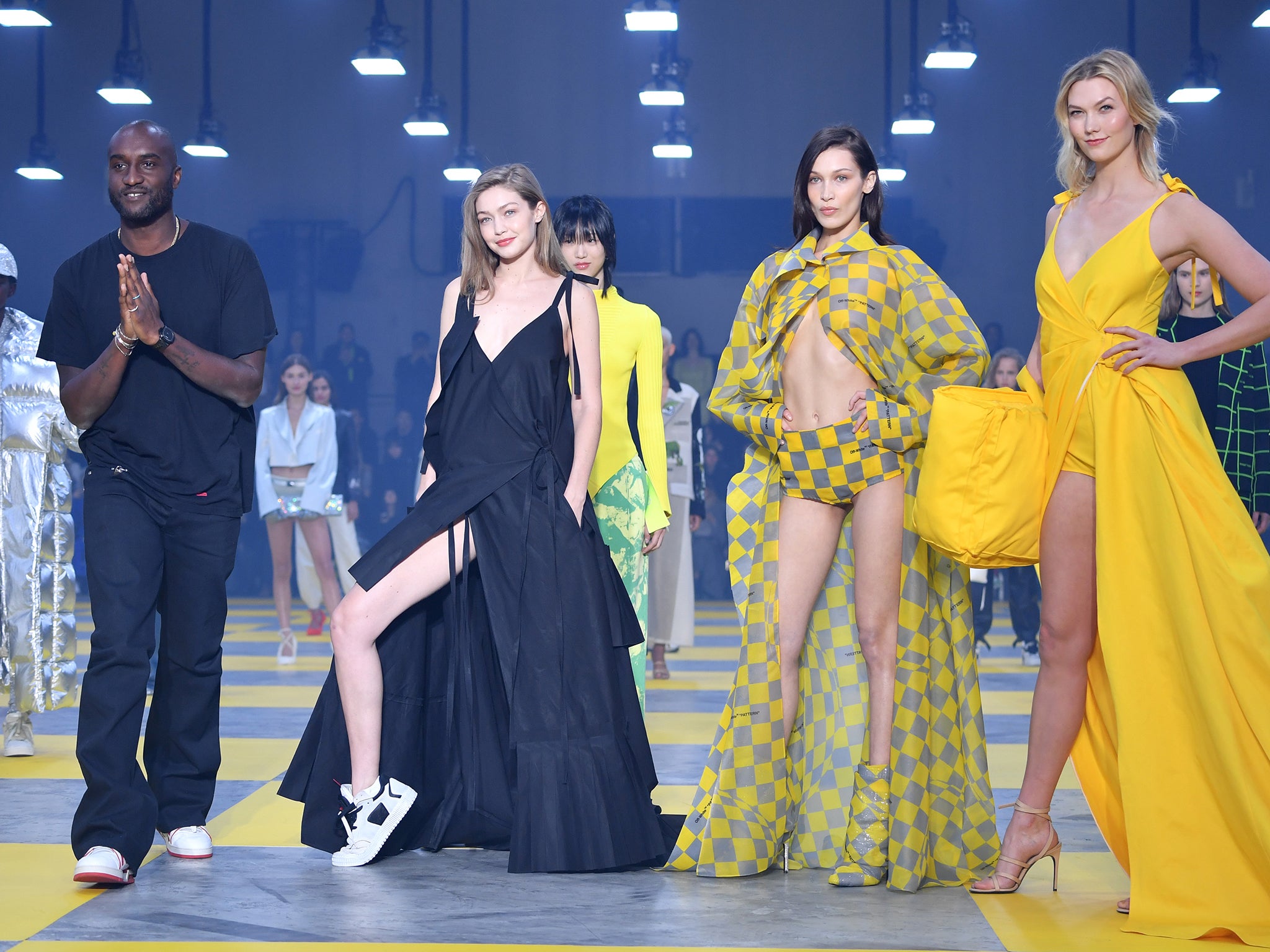 The designer with Gigi Hadid, Bella Hadid and Karlie Kloss during the finale of the Off-White show in Paris in 2019