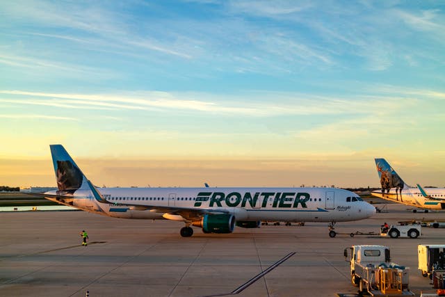 <p>A Frontier plane on the tarmac in Florida</p>