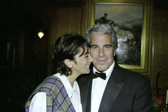 <p>Ghislaine Maxwell and Jeffrey Epstein at a black tie event</p>