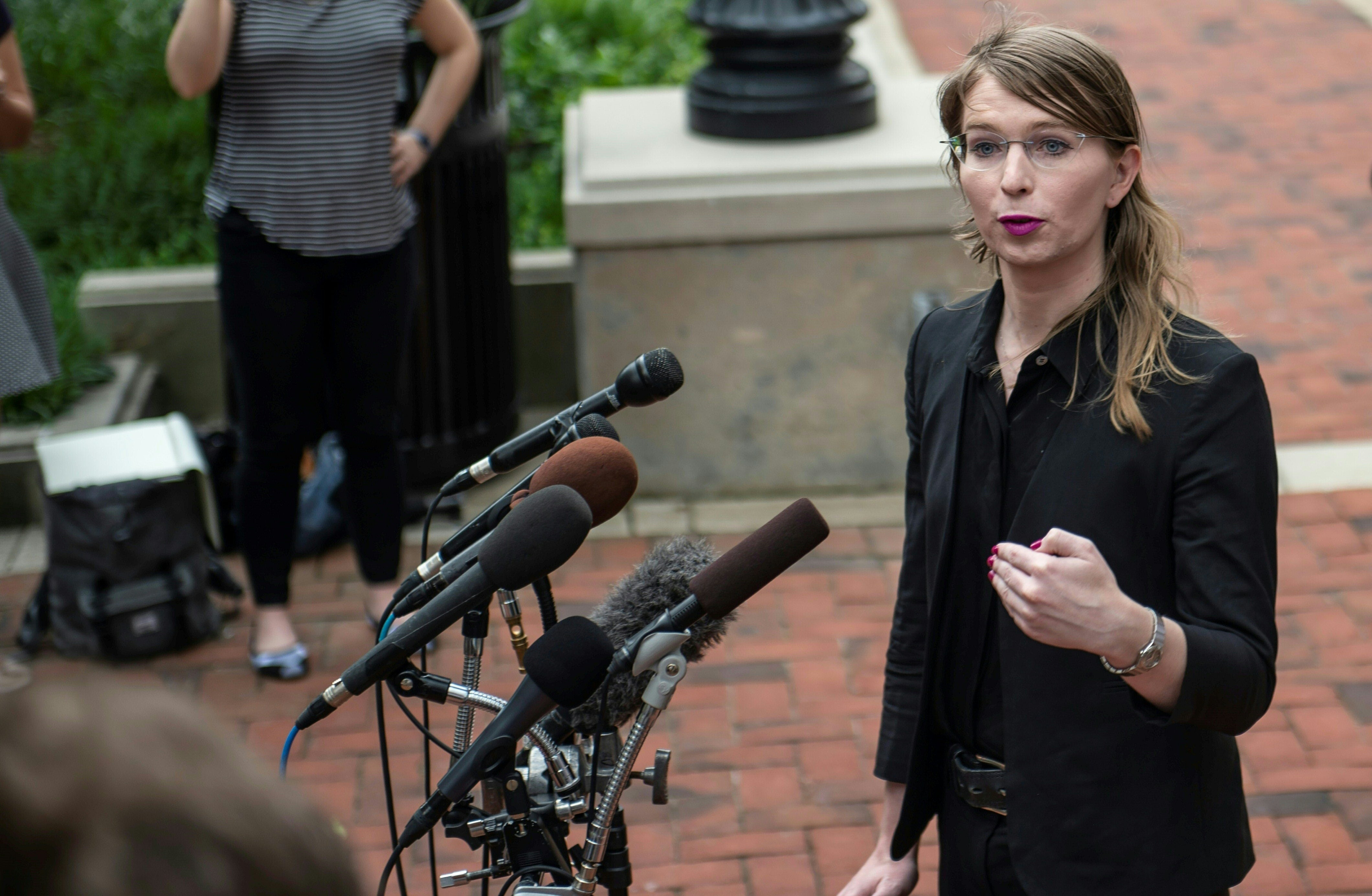 Manning speaks to the press ahead of a Grand Jury appearance about WikiLeaks in Virginia in 2019