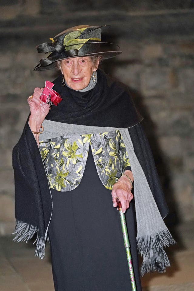 105-year-old Ruth Saunders, from Newbury in Berkshire, with the MBE that she received from the Princess Royal during an investiture ceremony at Windsor Castle (Steve Parsons/PA)