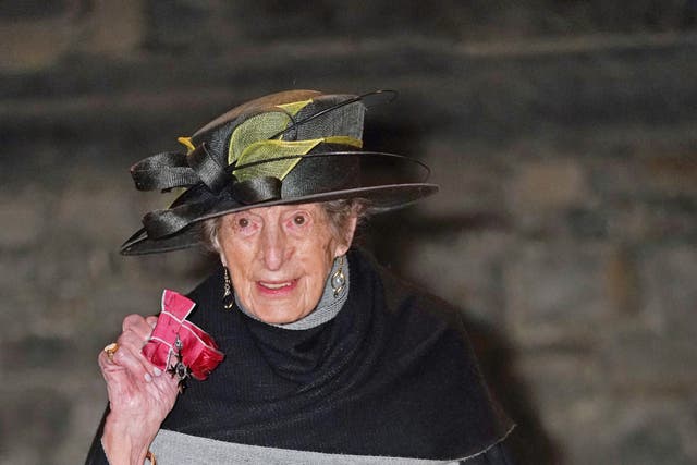 105-year-old Ruth Saunders, from Newbury in Berkshire, with the MBE that she received from the Princess Royal during an investiture ceremony at Windsor Castle (Steve Parsons/PA)