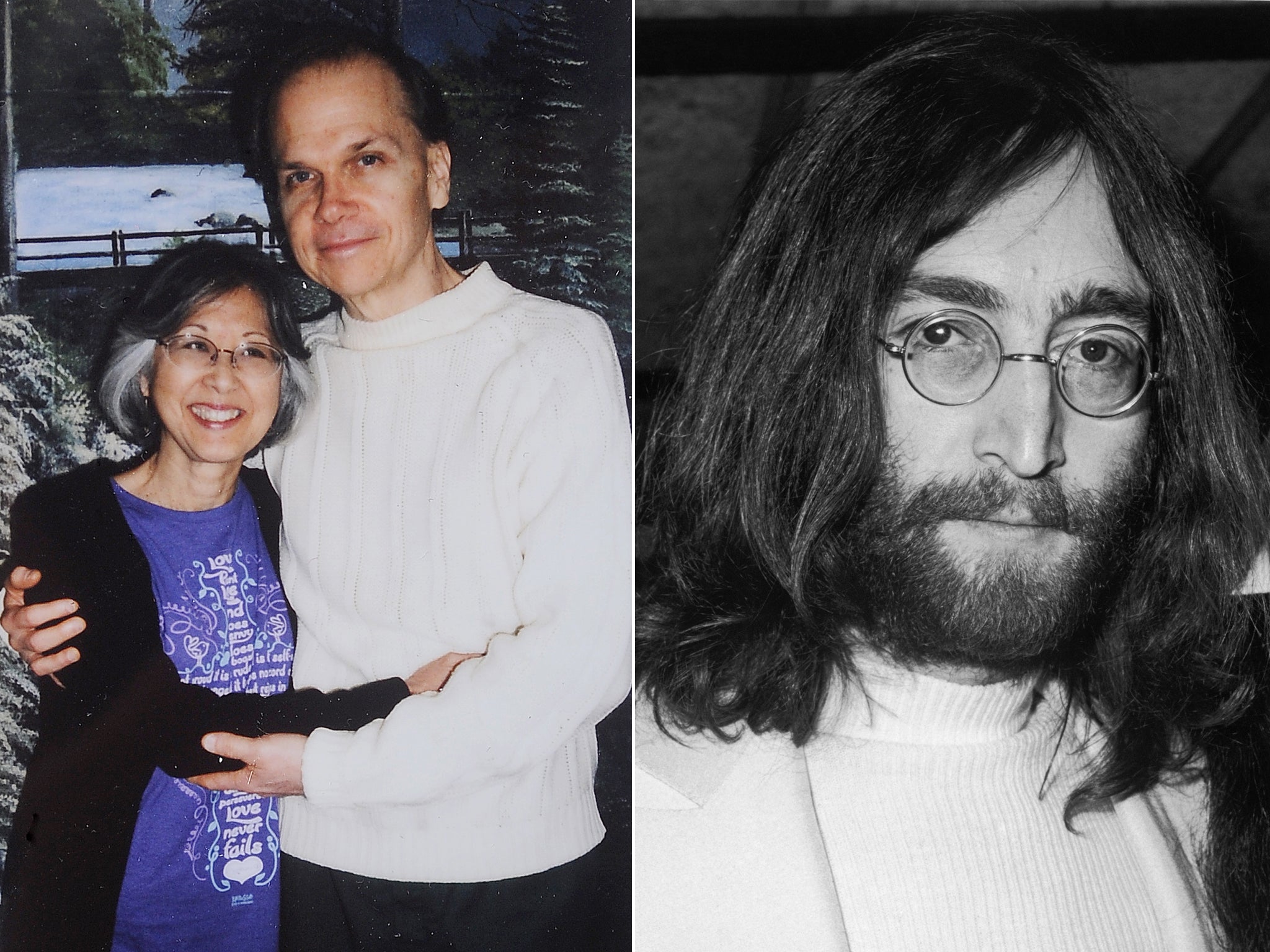 John Lennon, right, was shot 41 years ago today by Mark Chapman, pictured with his wife, Gloria - who has stood by him since the night of the murder