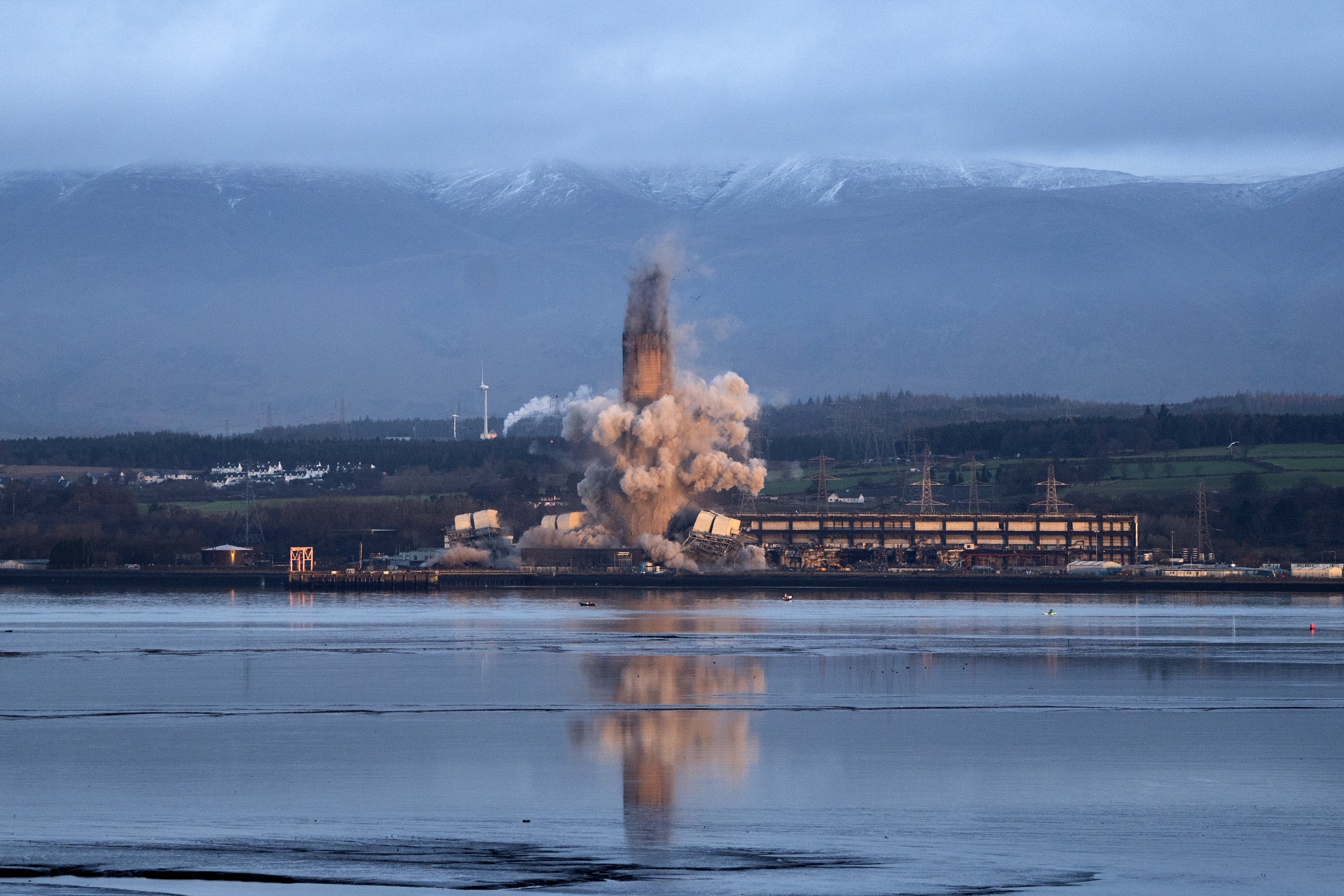 The 600ft chimney stack at Longannet Power Station in Fife has been brought down in a controlled explosion (Jane Barlow/PA)